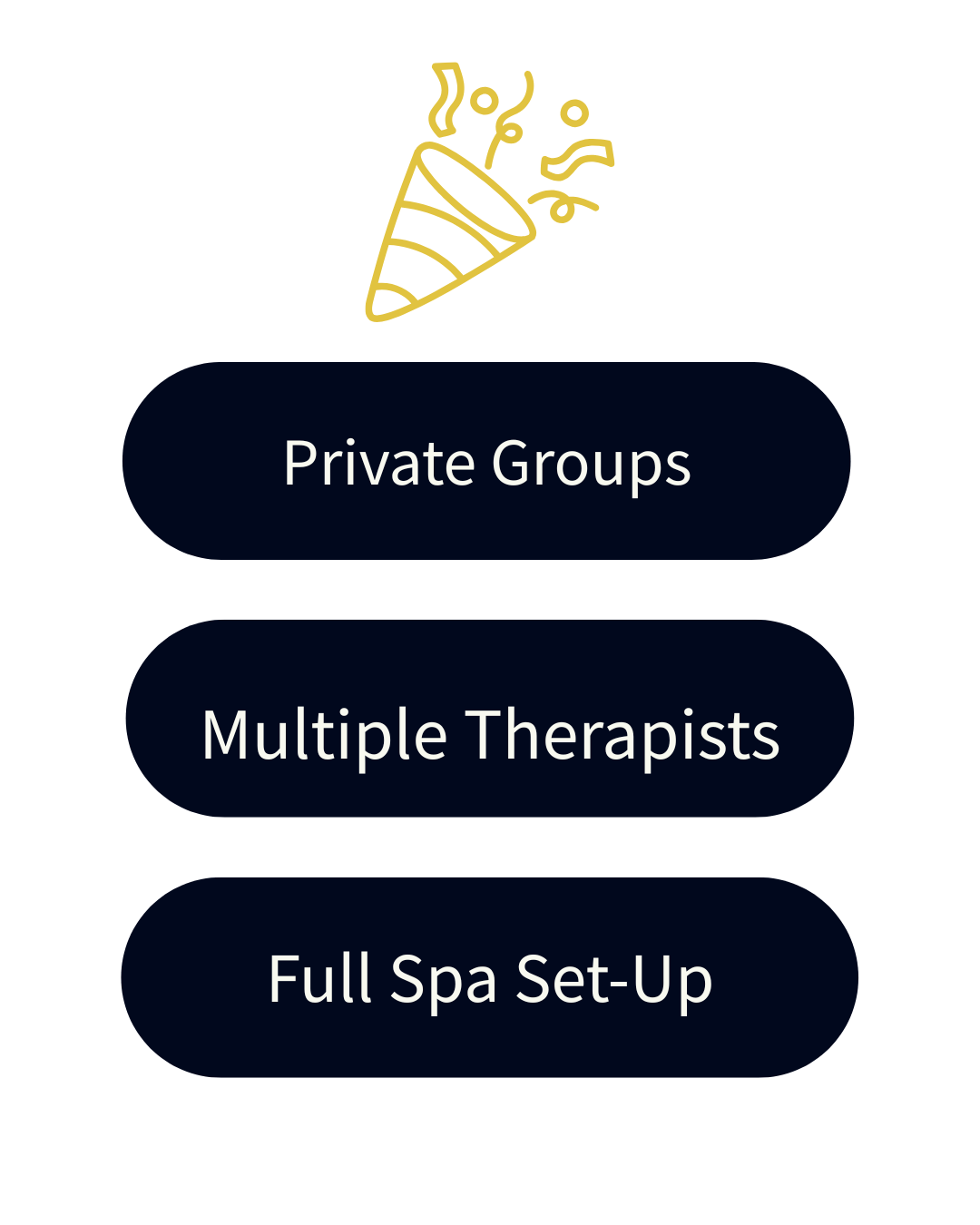 A graphic of a party horn above three black buttons labeled 'Private Groups,' 'Multiple Therapists,' and 'Full Spa Set-Up'.