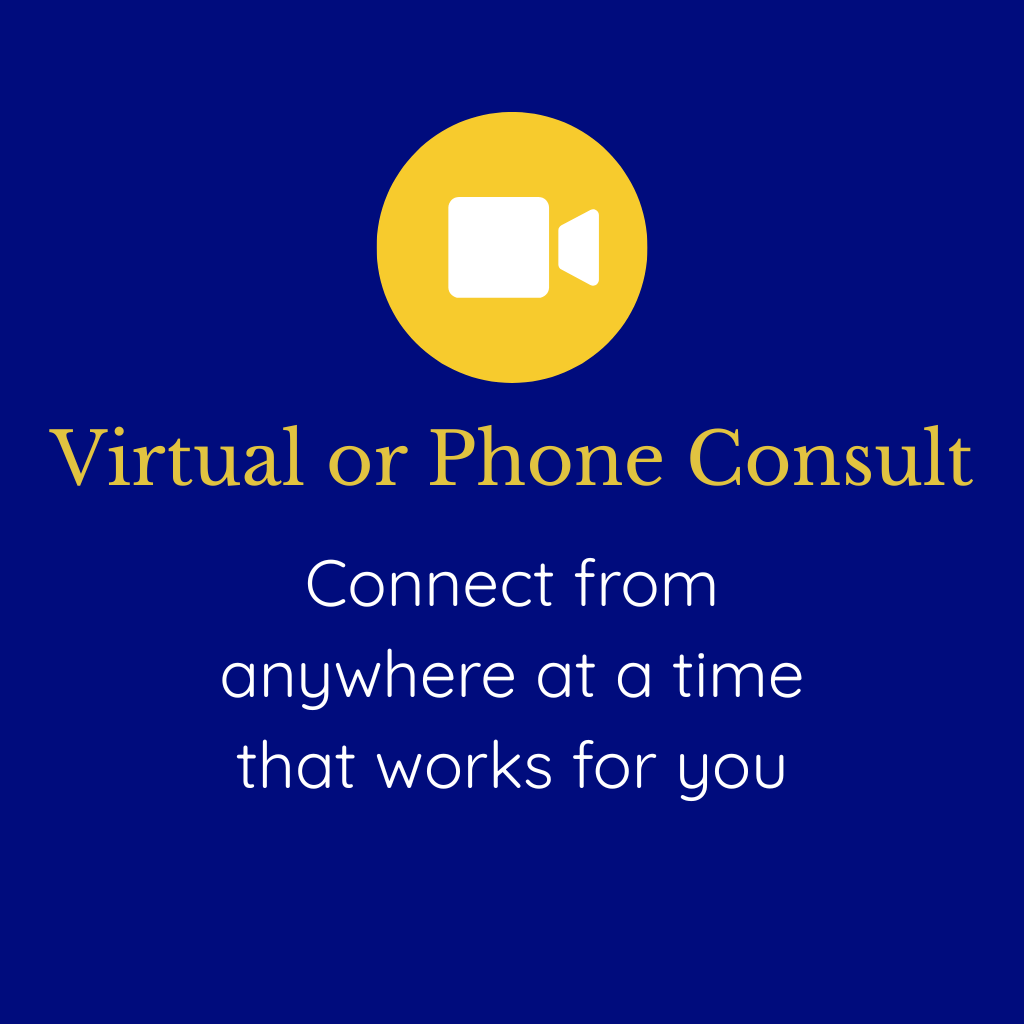 Digital graphic promoting virtual or phone consultations with a yellow video camera icon, navy blue background, and text stating 'Virtual or Phone Consult. Connect from anywhere at a time that works for you.'