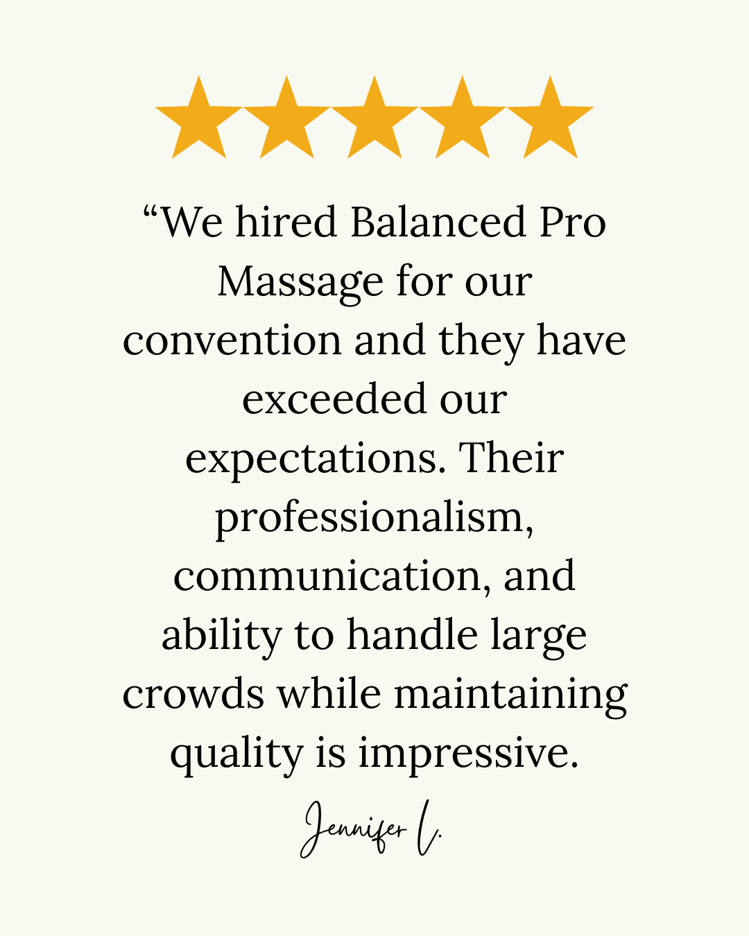 Five gold stars, quote praising Balanced Pro Massage, handwritten signature of Jennifer L.