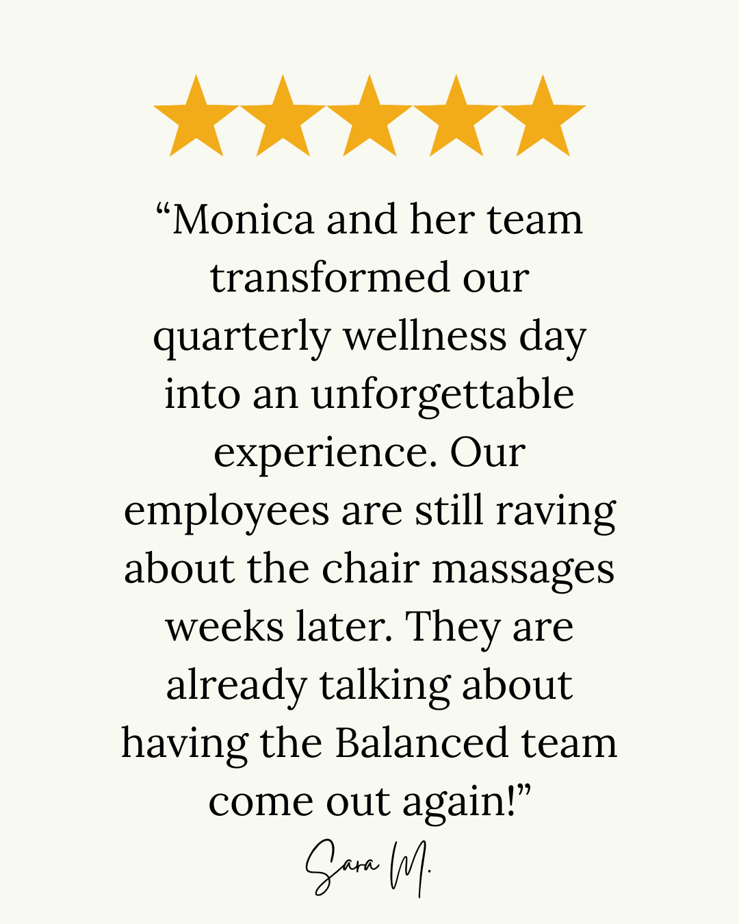 Five gold stars at the top and a positive quote about wellness day and team feedback on a light background.