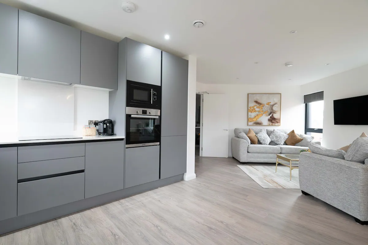 Open-plan kitchen and living area in a Nestled-managed Belfast apartment