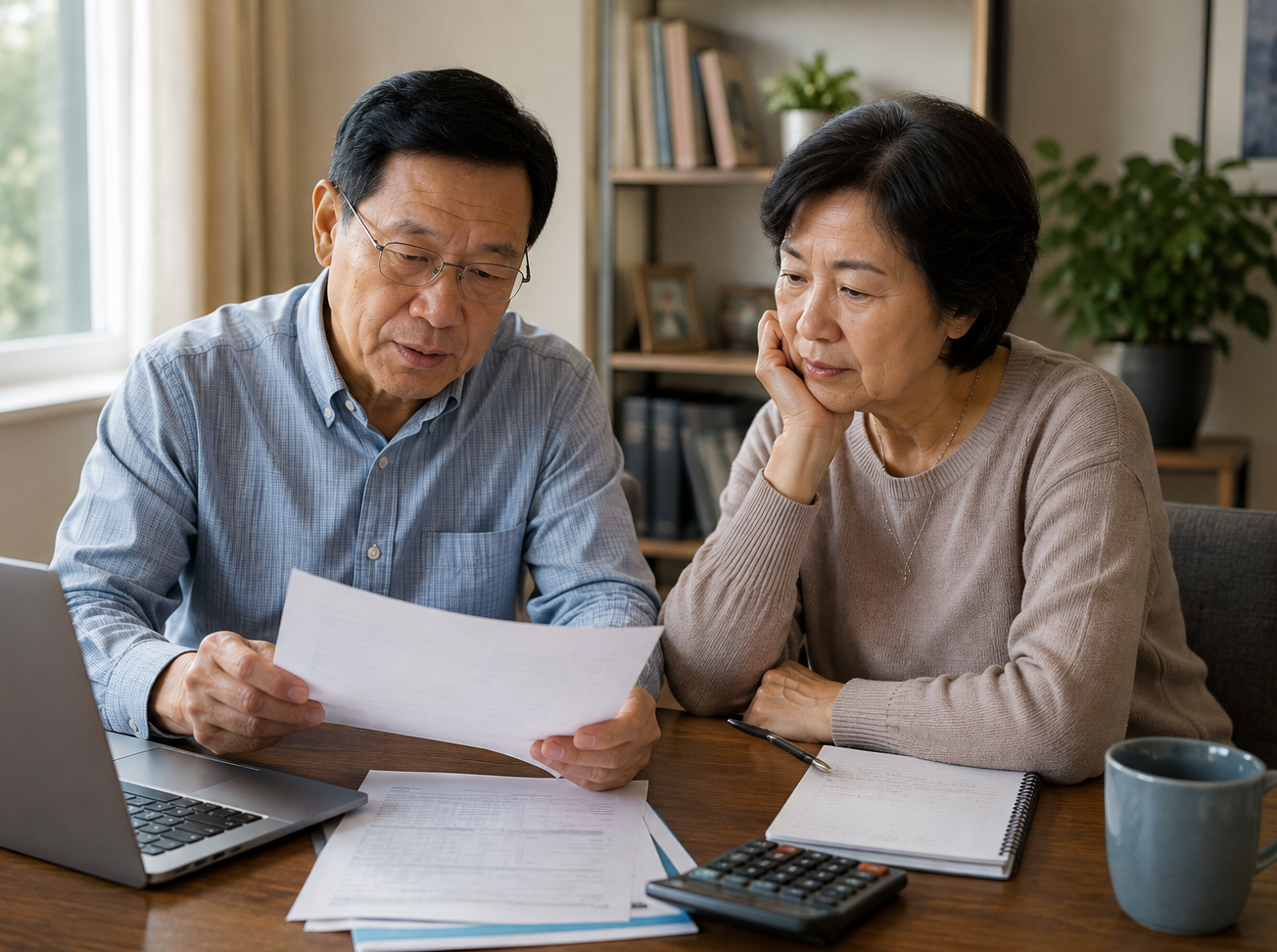 Older couple reviewing financial documents together at home