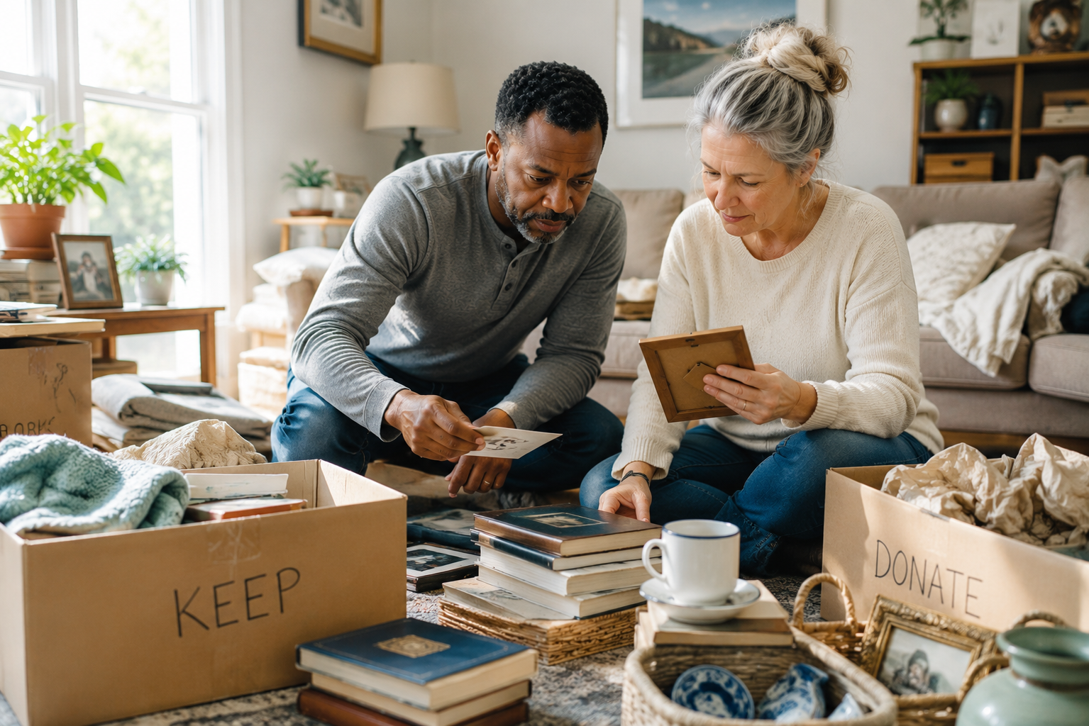 Older couple sorting belongings together while preparing to downsize.