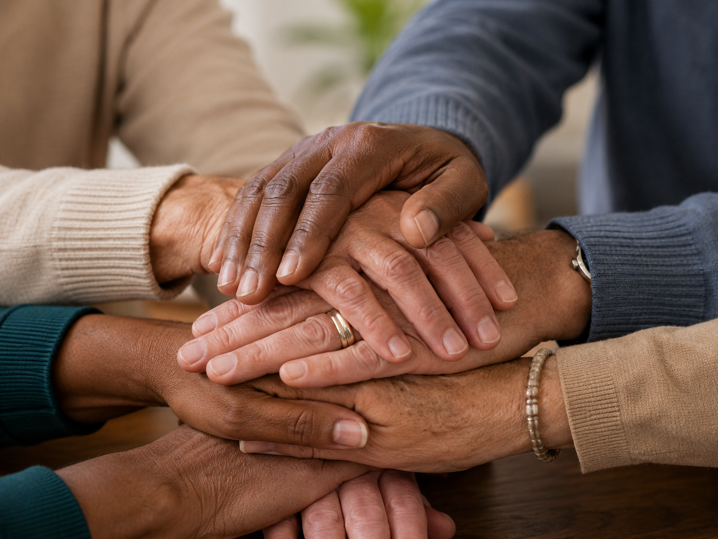 Hands of older adults and a professional joined together in support