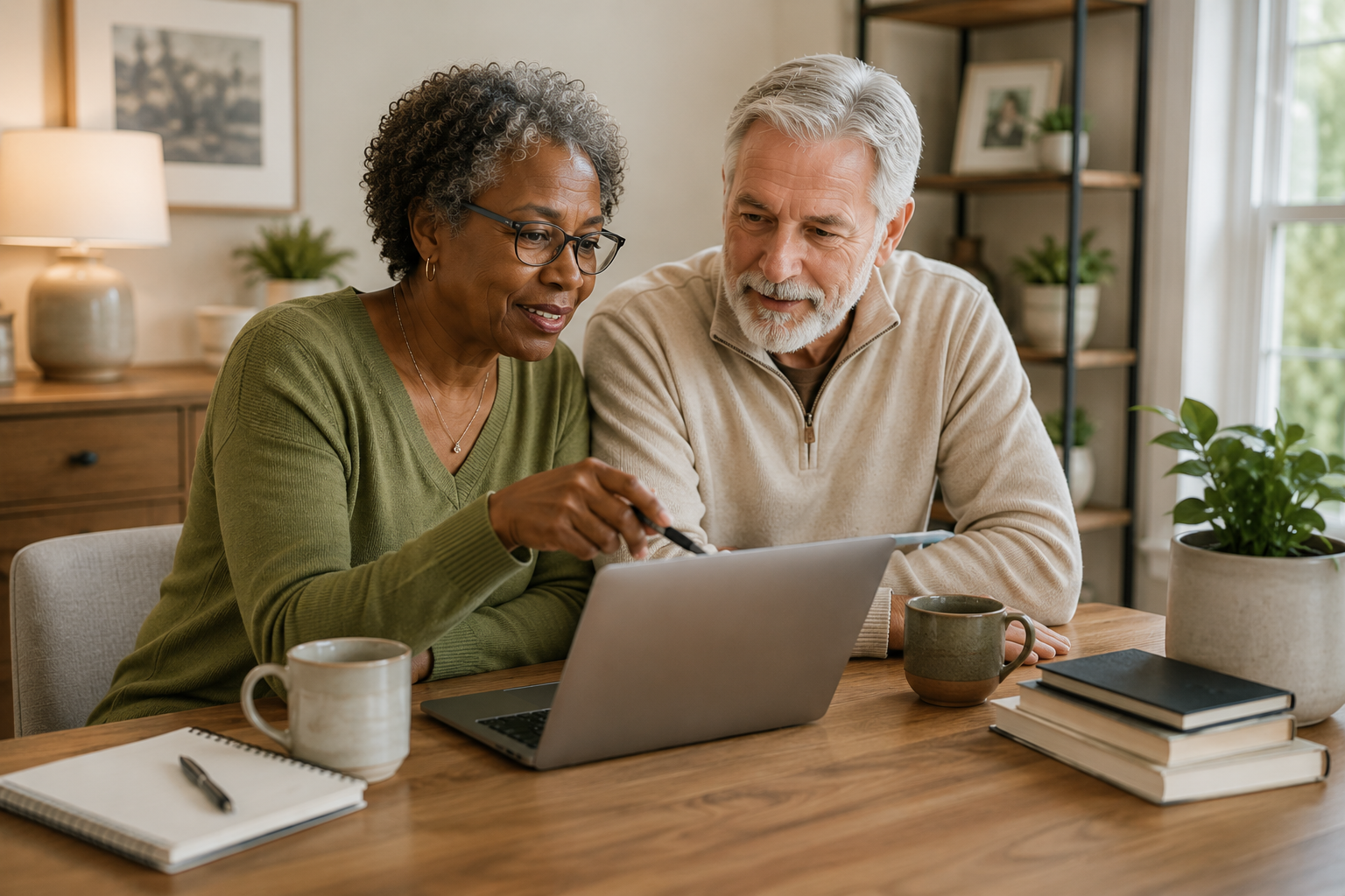 Older couple reviewing information together on a laptop at home