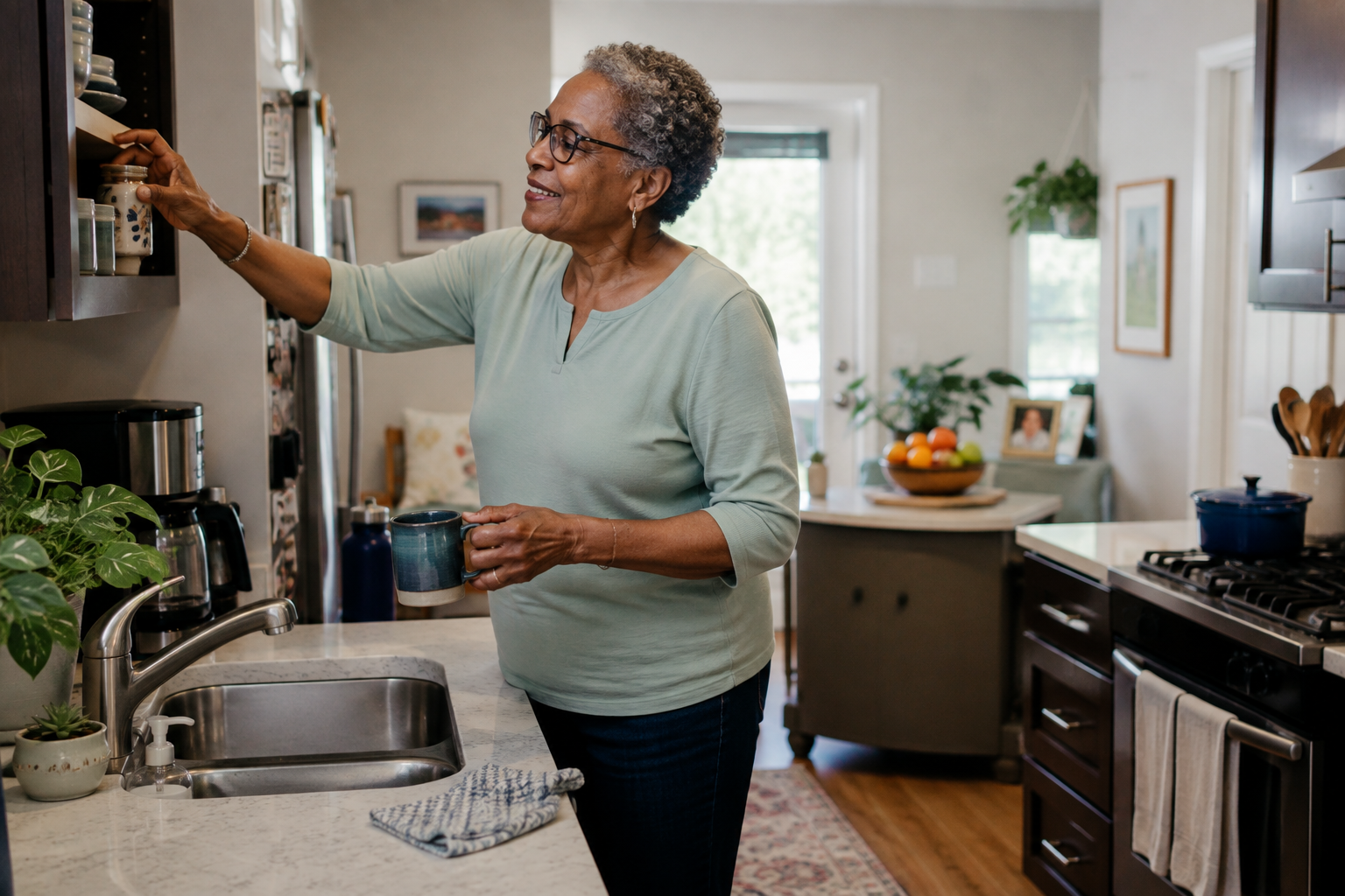 Older woman preparing a drink in her kitchen while living independently at home.