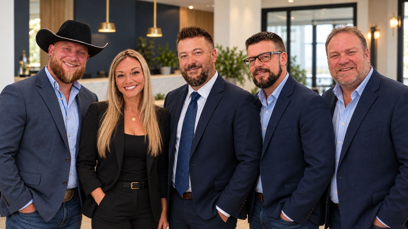 Five smiling business professionals posing together in a modern office lobby