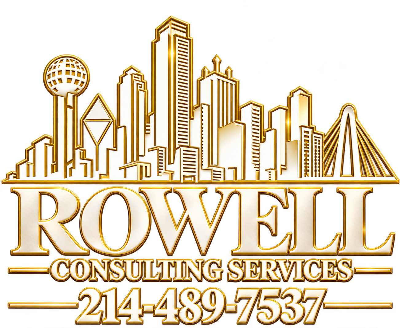 Gold and white Rowell Consulting Services logo featuring a stylized city skyline and phone number 214-489-7537
