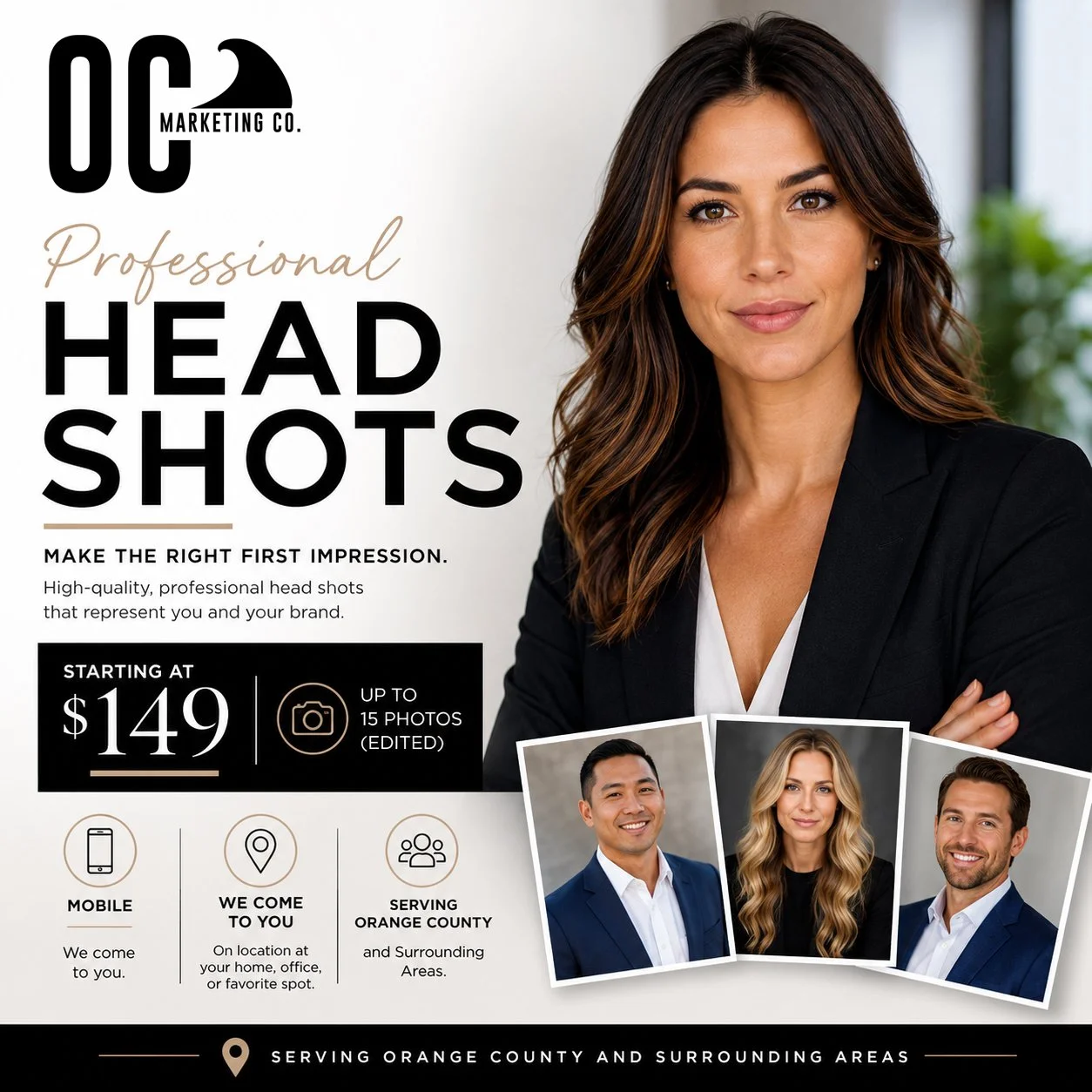 Promotional flyer for OC Marketing Co. offering professional headshots starting at $149, with up to 15 edited photos. Features a woman with brown hair and brown eyes, wearing a black blazer, with three smaller photos of diverse professionals below. Highlights mobile service, in-home options, and service in Orange County.