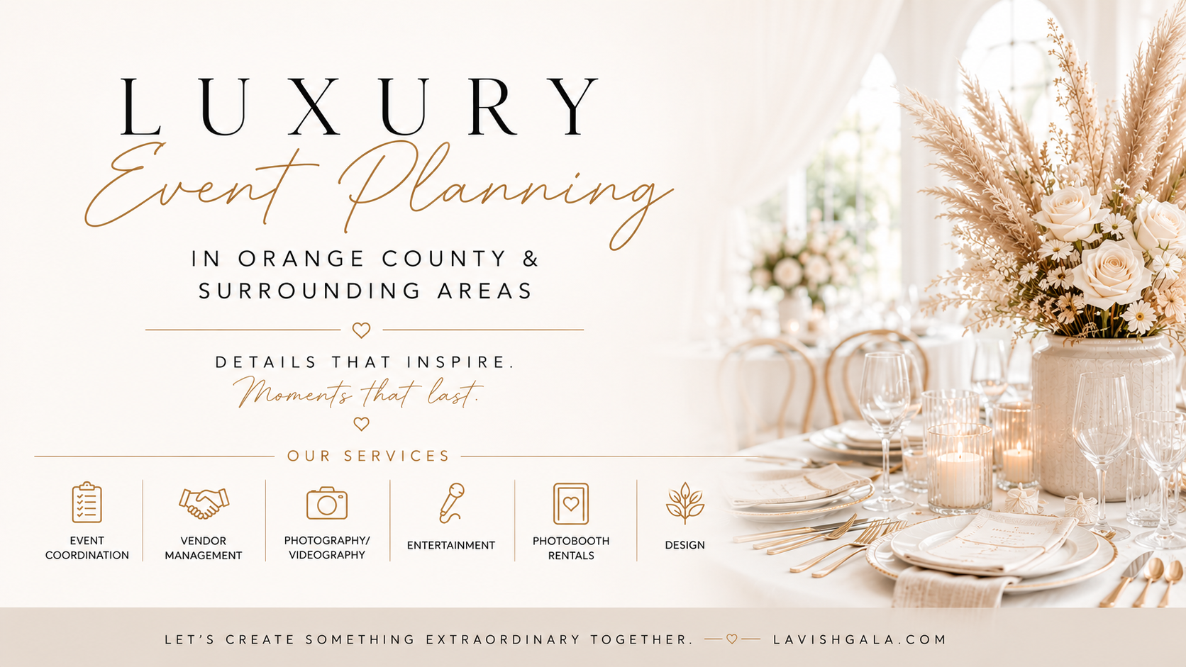 Advertisement for luxury event planning services in Orange County, featuring elegant table settings with floral arrangements and candles.
