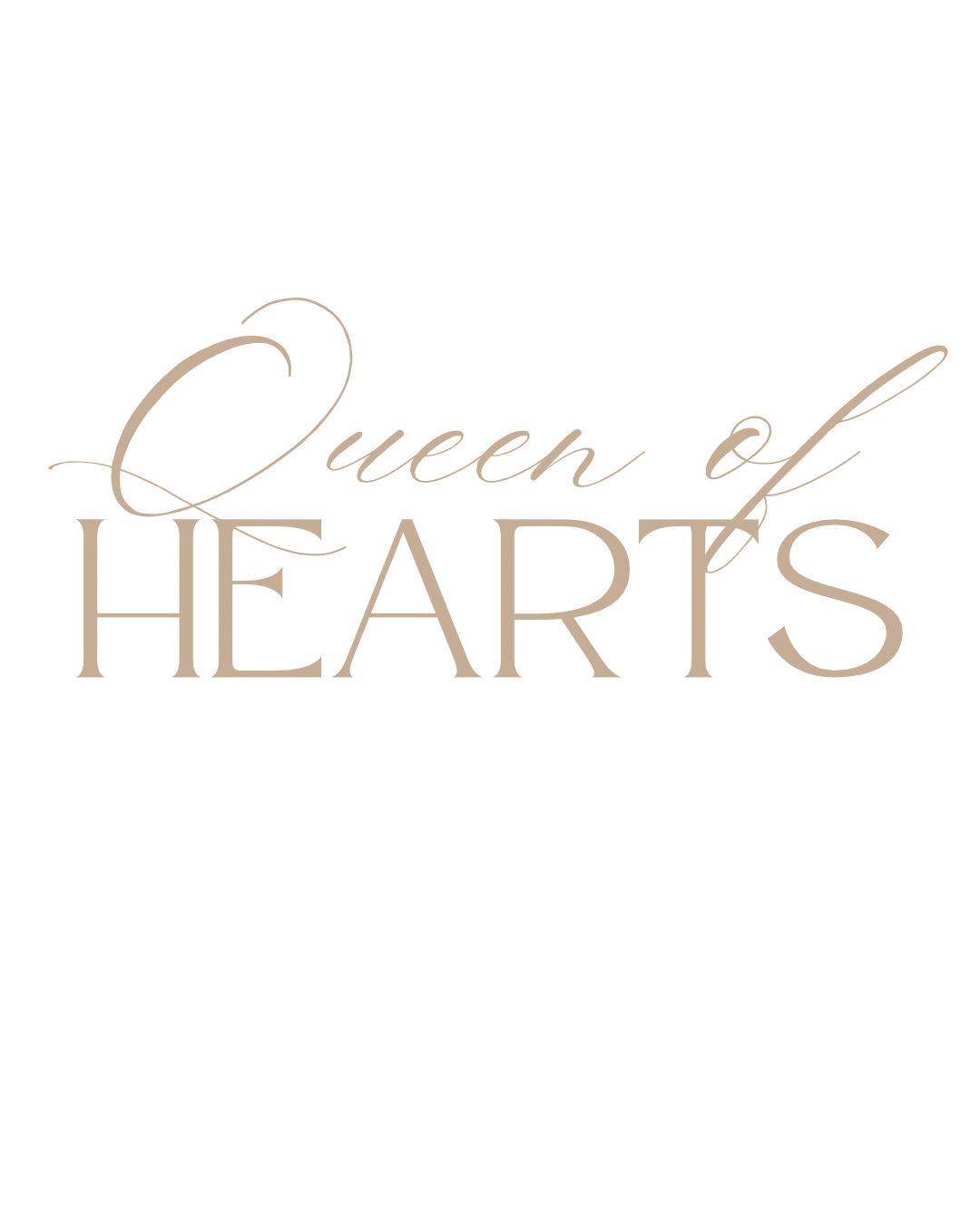 Typography design with the text 'Queen of Hearts' in elegant cursive and bold fonts, on a black background.