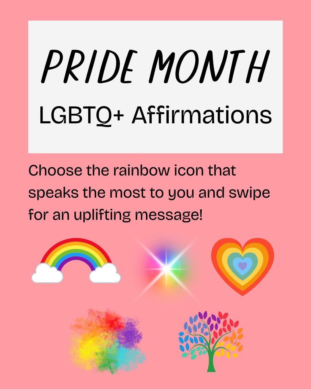 Need a Pride Month pick-me-up? Choose the rainbow icon that speaks the most to you and swipe to get an uplifting message. ✨🌈 

#pride2025 #Pridemonth #LGBTQPride  #lgbtmentalhealth