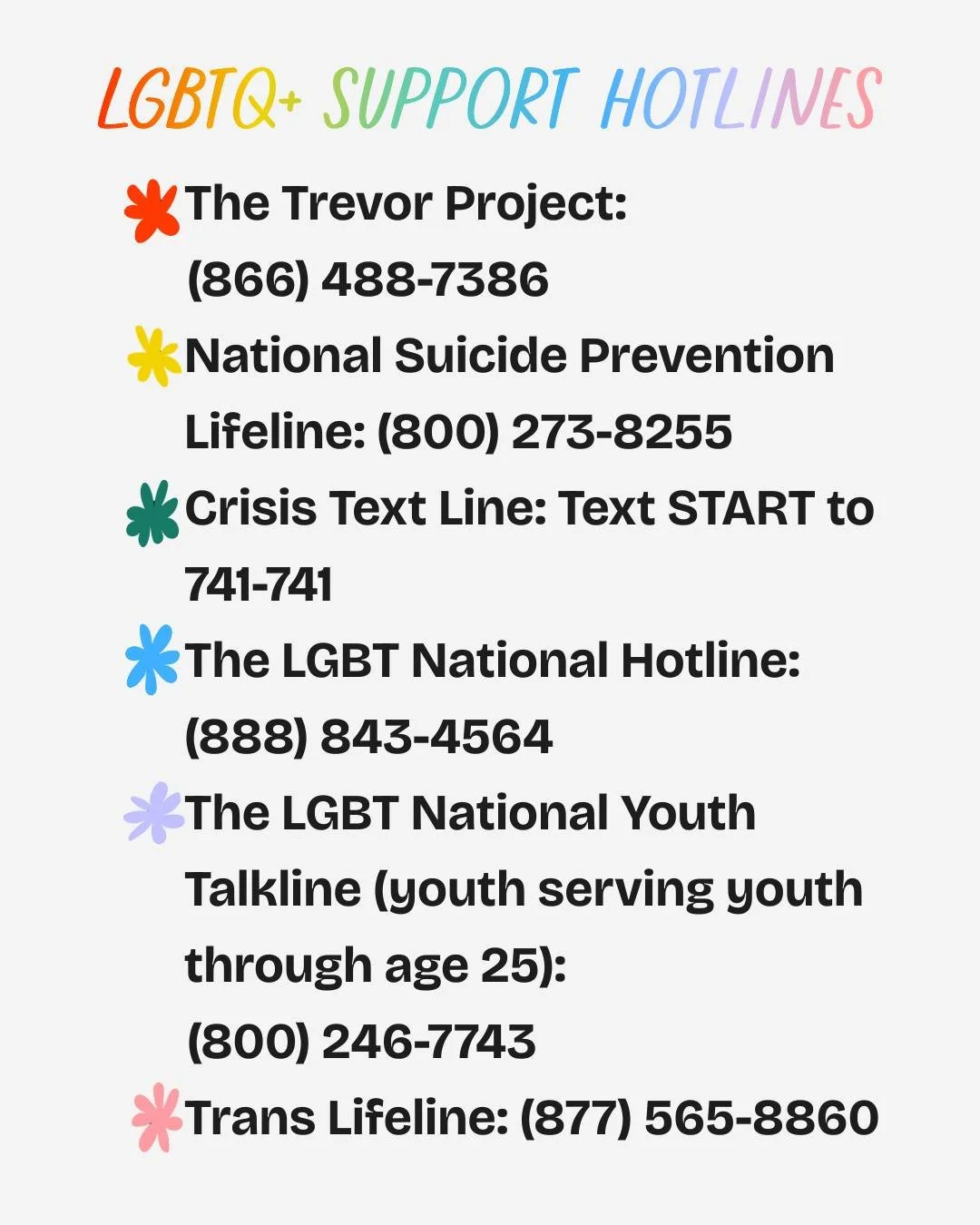If you need support, don't wait to reach out. Share this non-exhaustive list of LGBTQ+ crisis hotlines... you never know, you might be the reason someone finally makes the choice to ask for help. 💛

#suicideprevention #mentalhealth #lgbtmentalhealth