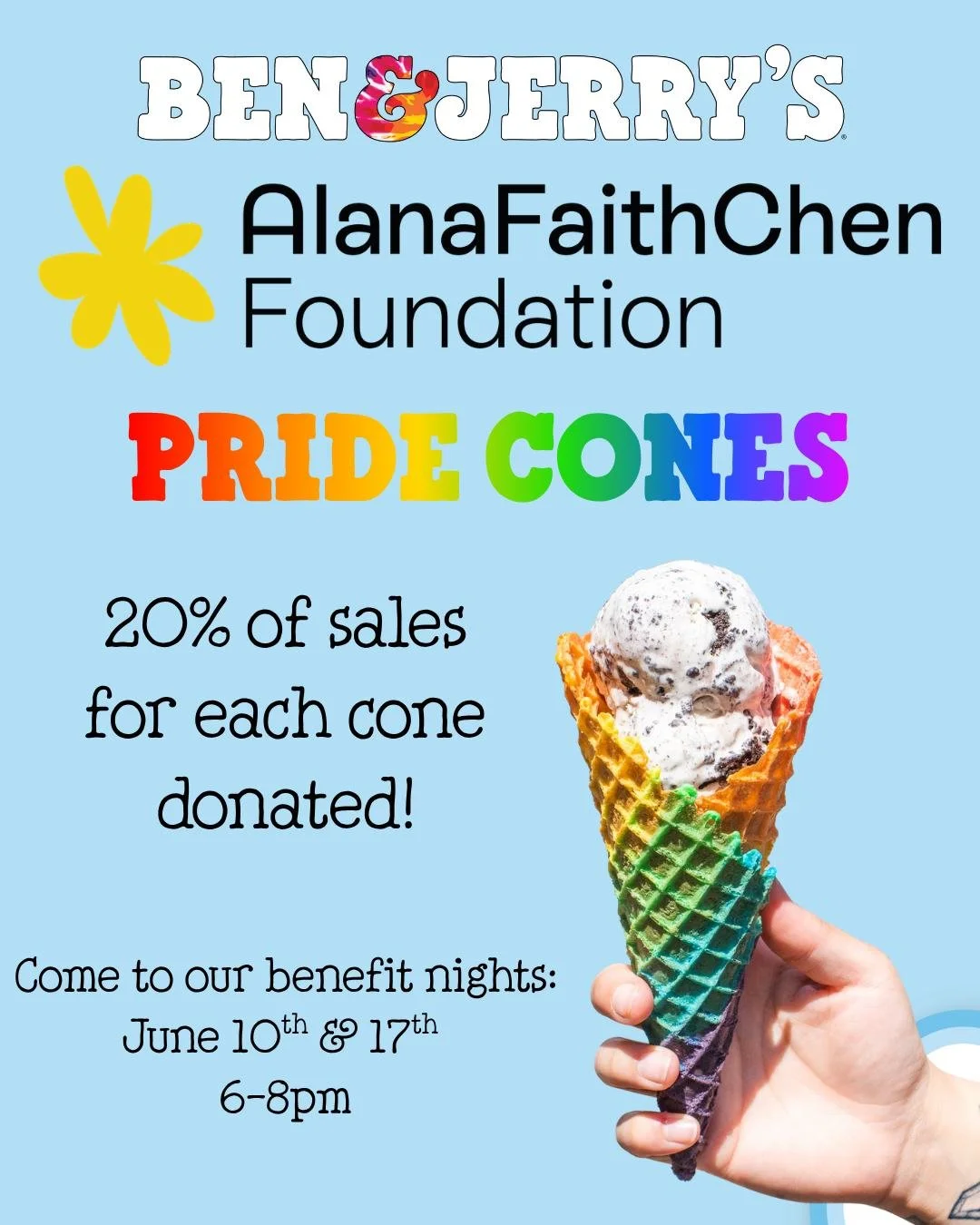 Ice cream with purpose🍦 We're teaming up with @benjerrysudenver for two Benefit Nights this June &mdash; and every cone counts! Up to 20% of total sales on June 10th and 17th will be donated to the Alana Faith Chen Foundation to support affirming me