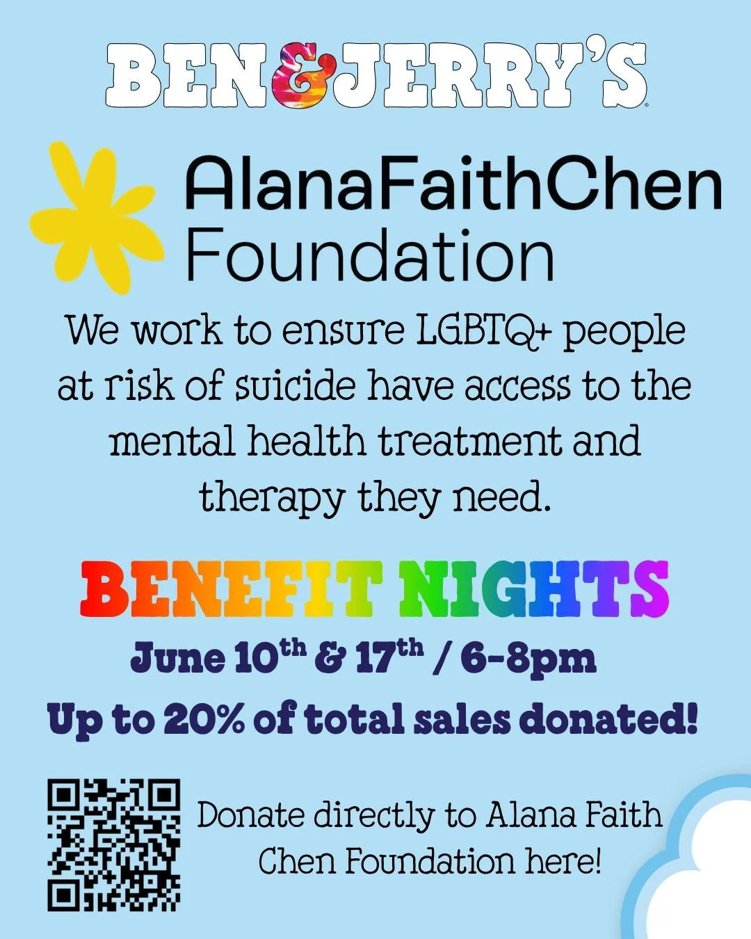 A Pride Cone that gives back. 🍦 Head to @benjerrysudenver on June 10th and/or 17th between 6&ndash;8pm and grab a Pride Cone! 20% of each sale goes directly to the Alana Faith Chen Foundation. That's ice cream doing real work. 🏳️&zwj;🌈🏳️&zwj;⚧️

