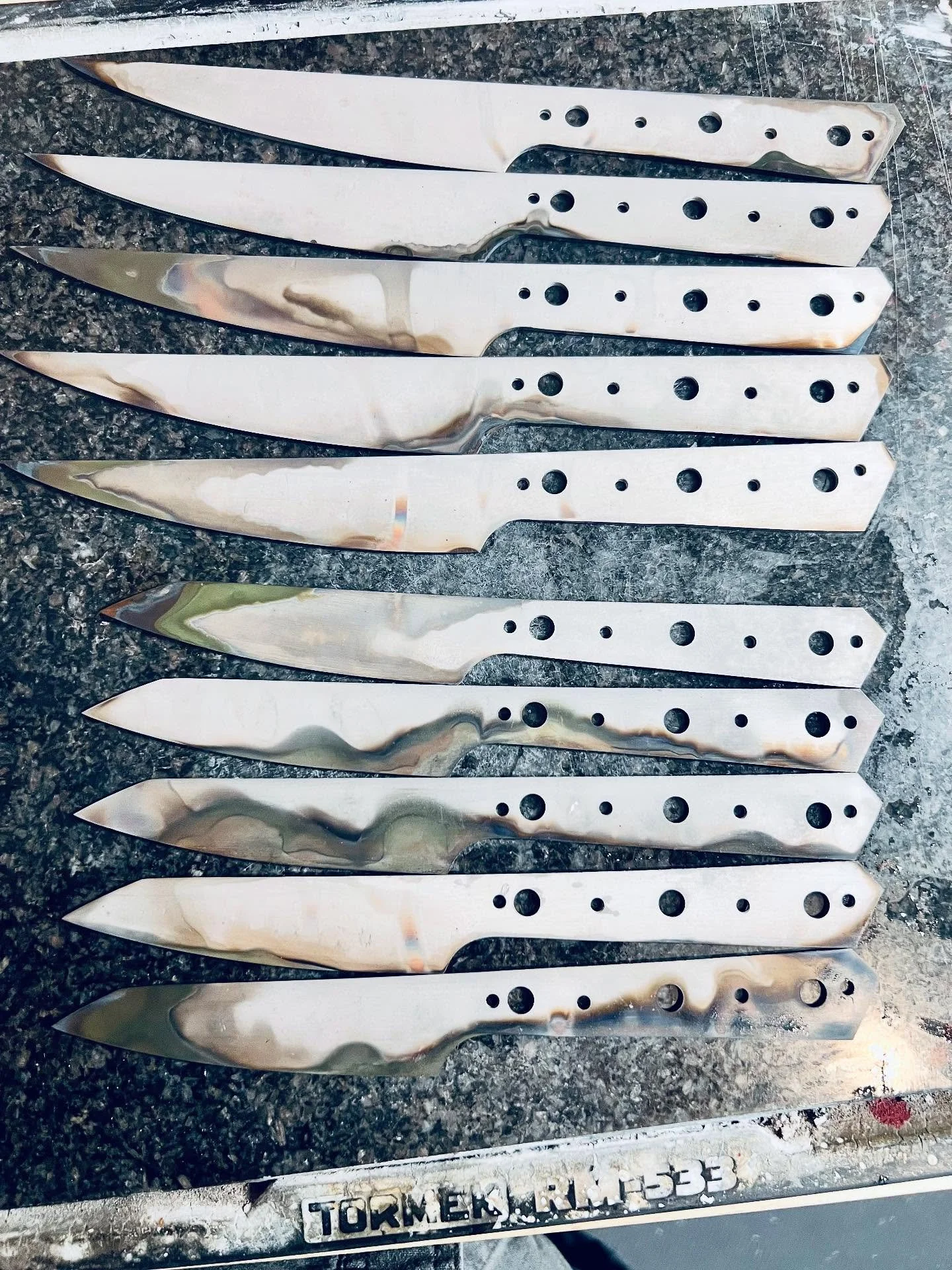 This weeks project: a bunch of steak and pairing knives! These are fresh out of heat treatment.