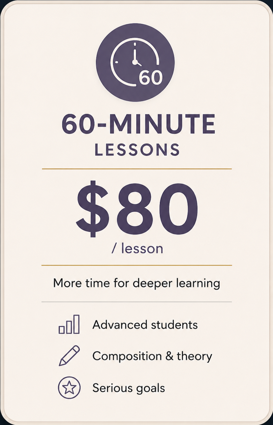 60-minute music lessons — $80 per lesson. Best for advanced students, composition, theory, and deeper study.