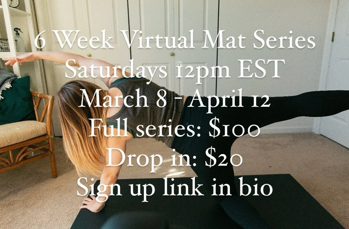 New 6 week virtual mat series! 

Saturdays 12pm EST
March 8 - April 12
Full series: $100
Drop in: $20
*NO live class March 29 - pre recorded class provided
Recording of class provided to participants for the whole week every week (have to miss a clas