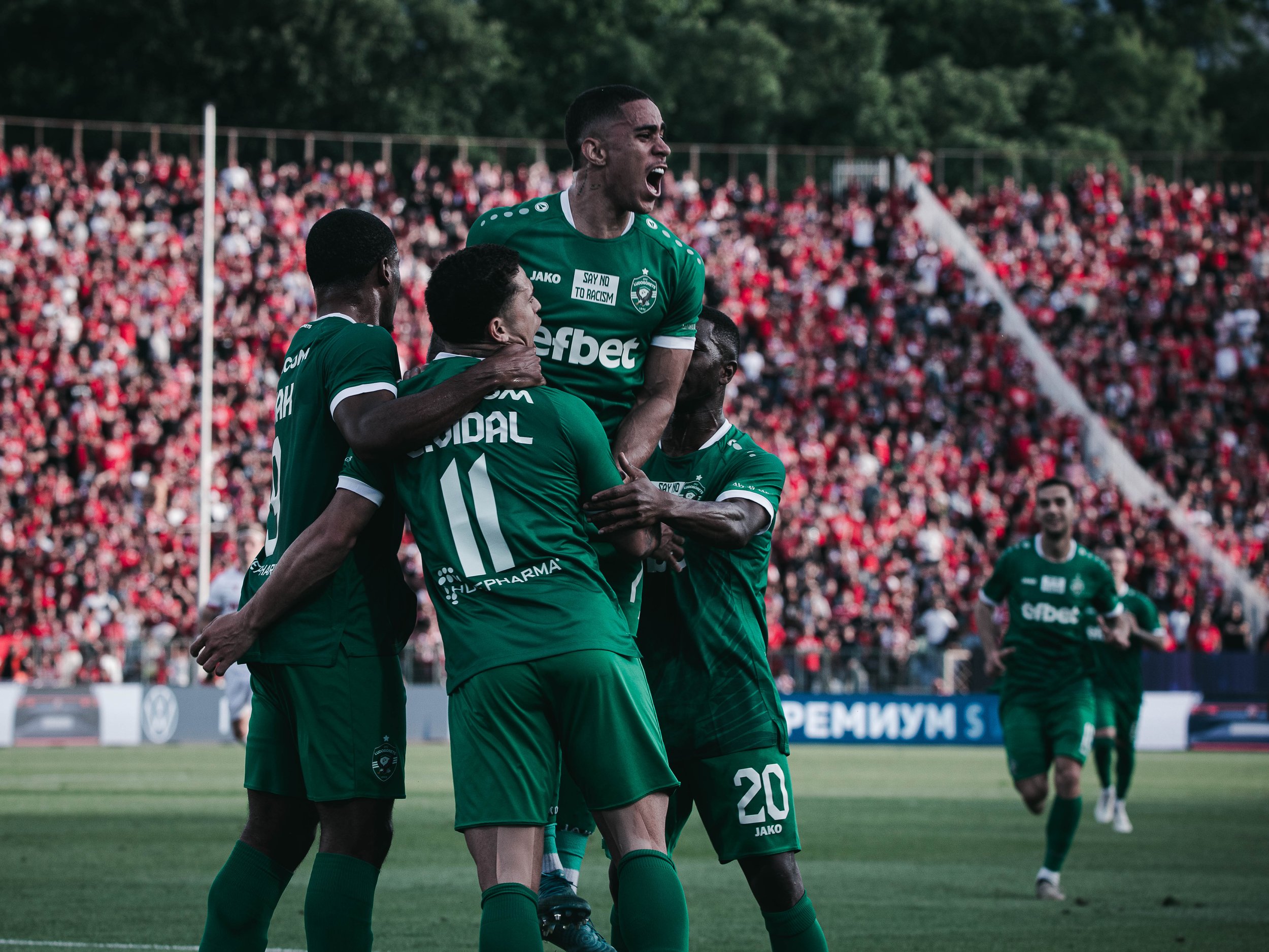Ludogorets players celebrate after scoring for 0 - 1 during the Bulgarian Cup Final against CSKA Sofia. Sofia, Bulgaria – May 22, 2025.