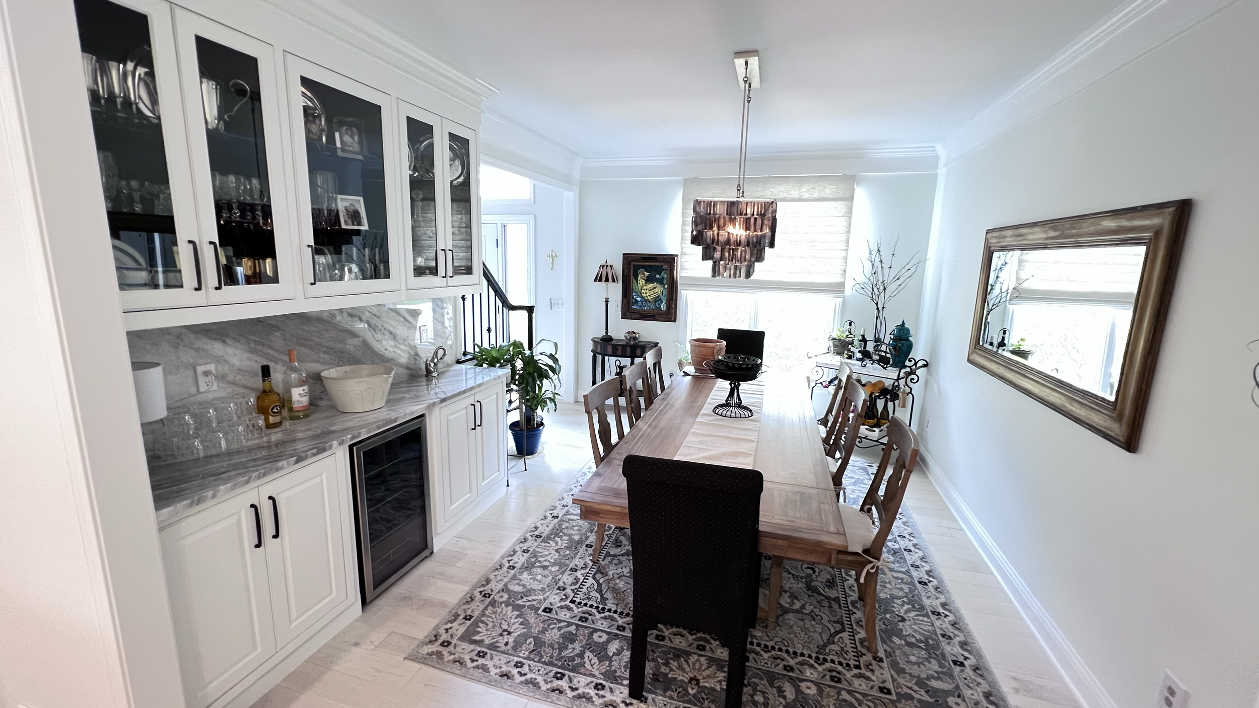 Dining room renovation with custom glassware cabinet and built in wine fridge. 