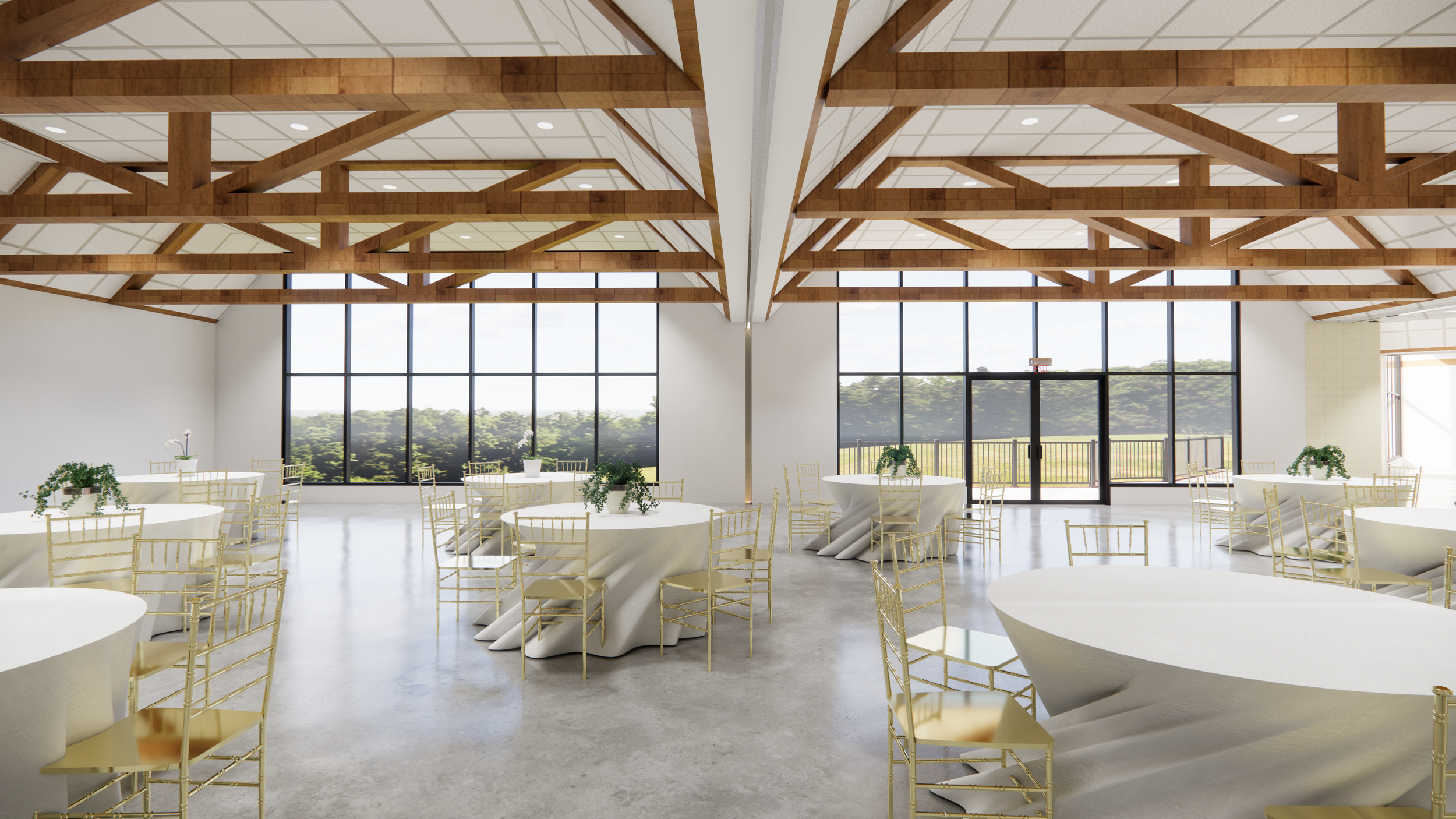 Elegant event space with large windows, wooden beams on the ceiling, round tables with white tablecloths, gold chairs, and green potted plants as centerpieces.