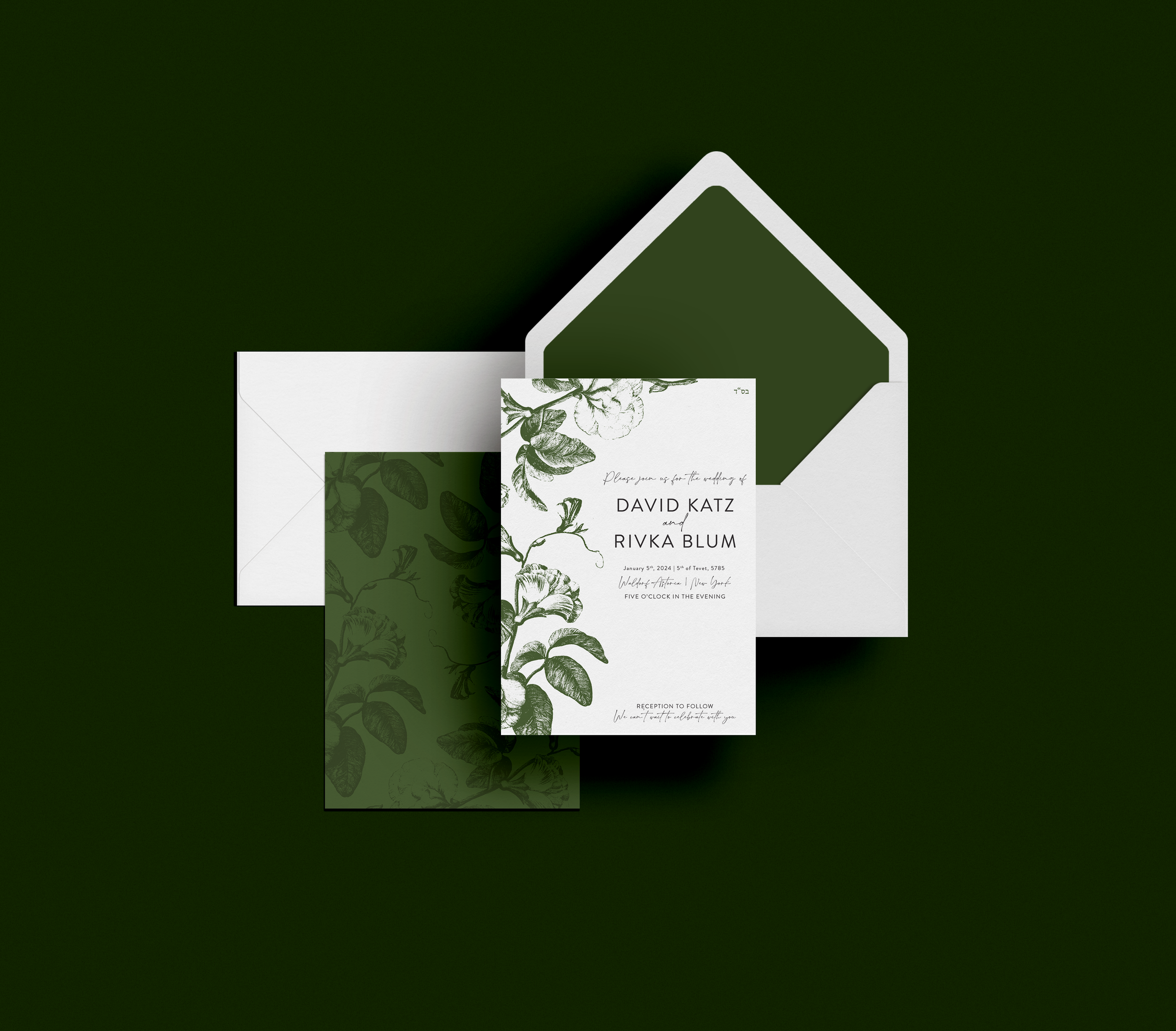 Wedding invitation set with a white and green color scheme, including a main card with floral design and details, an envelope, and a matching insert, all placed on a dark green background.