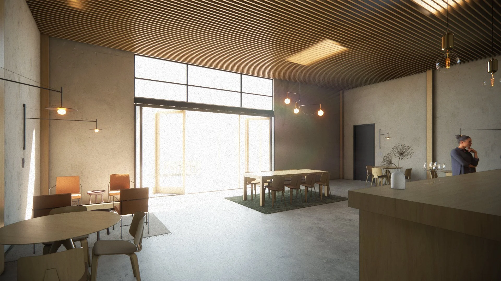 Modern wine tasting room design with sleek cabinetry, natural stone countertops, and minimalist detailing.