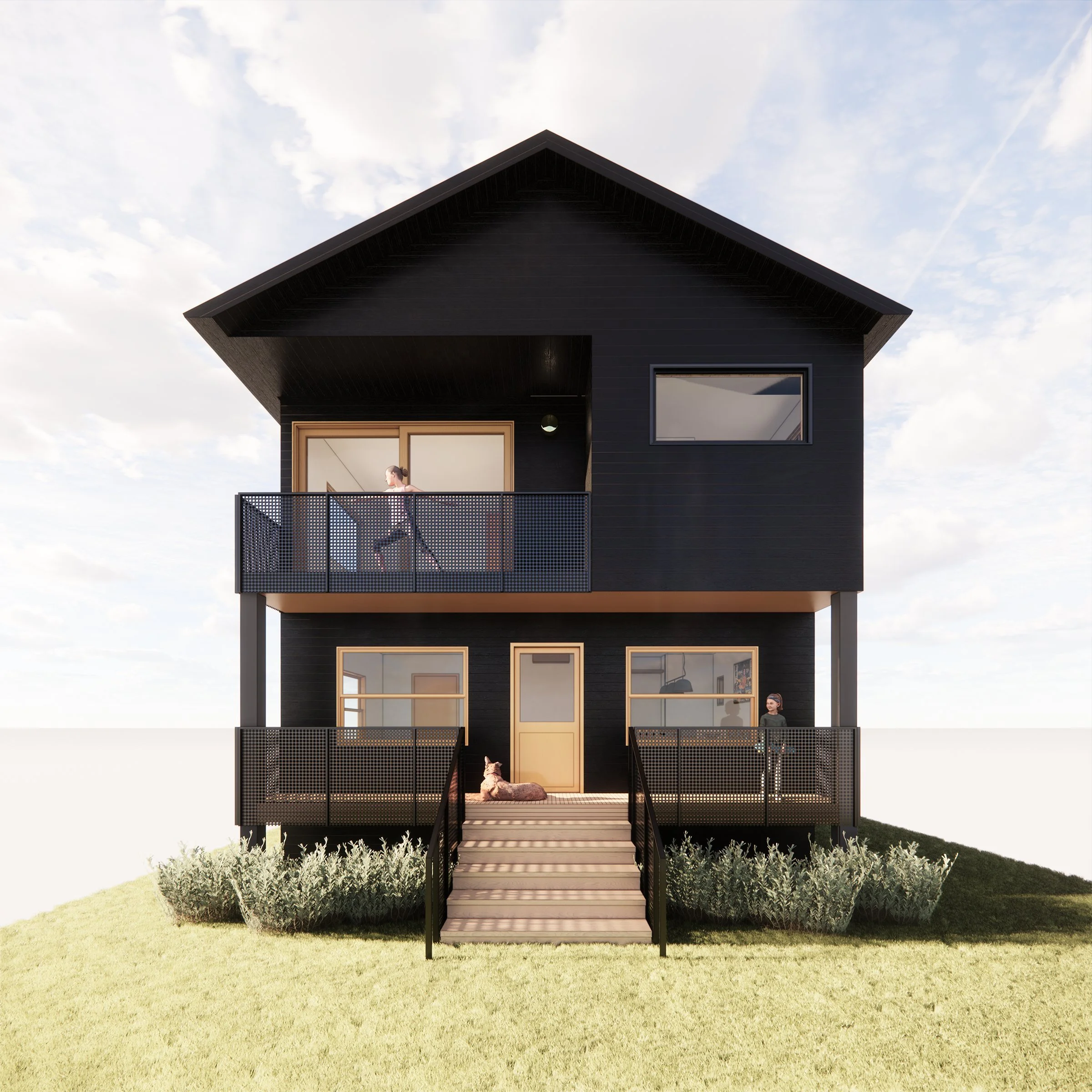 Exterior of a modern, dark-clad custom residential remodel featuring a pitched roof, designed by Seattle architects Field Report.