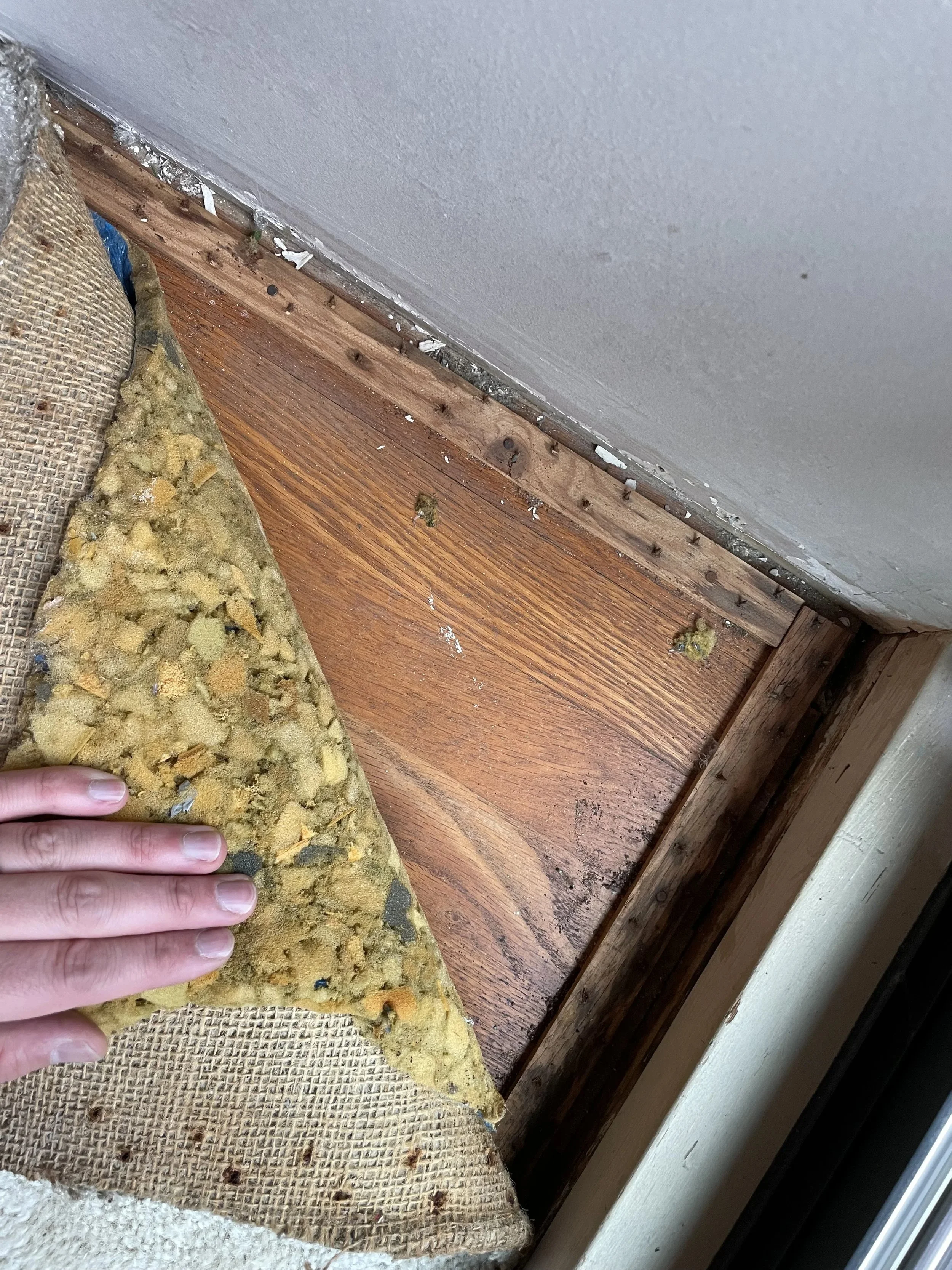 Close-up of a hand holding a yellowish foam weatherstripping strip to the floor against a wall and doorframe, with some debris and paint chipping visible.