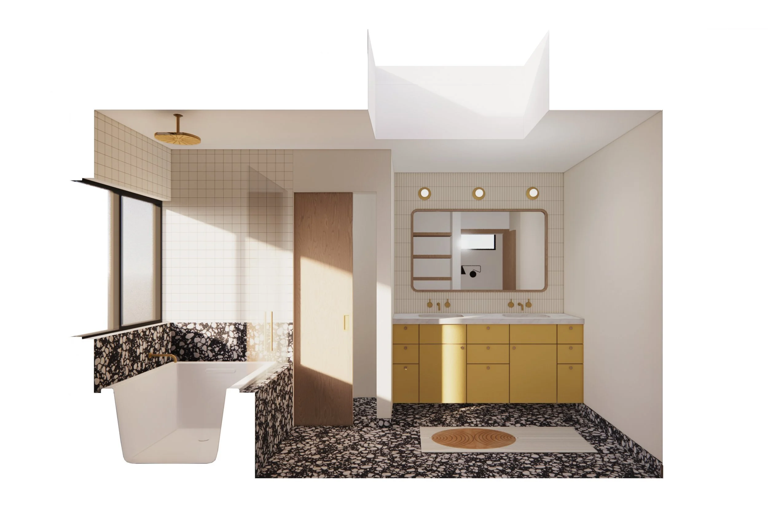 A modern bathroom with beige and black terrazzo flooring, a white bathtub, a black-and-white patterned wall, a large mirror with a rounded yellow cabinet below, a window with a black frame, and a skylight in the ceiling.