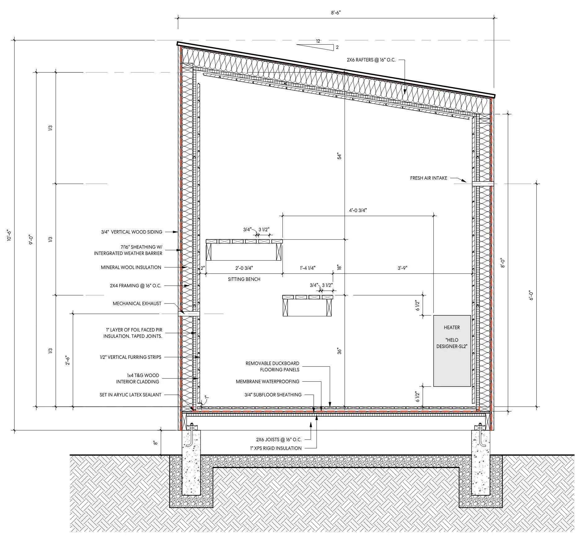 Construction blueprint or technical drawing of a building wall section, showing detailed measurements, materials, insulation, framing, and structural components.