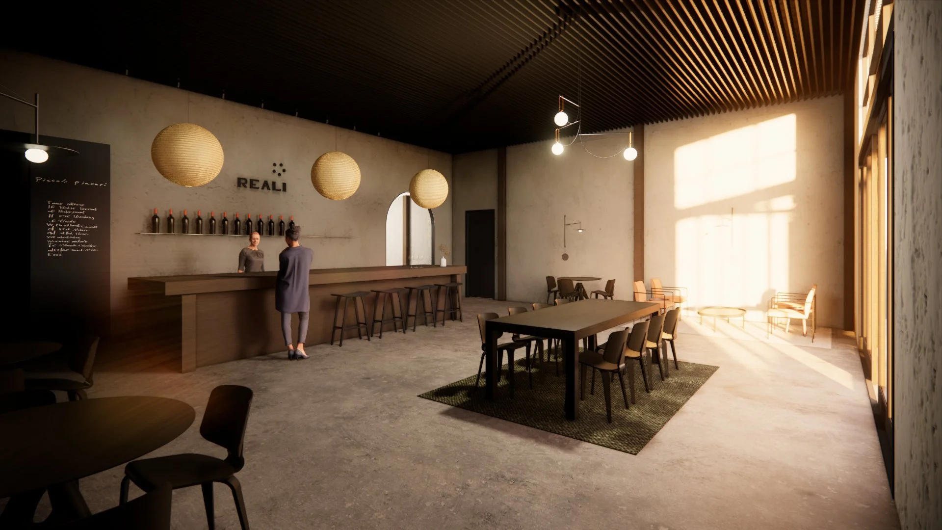 Interior of a warm, modern wine bar and restaurant featuring custom shelving, wood accents, and intimate lighting.