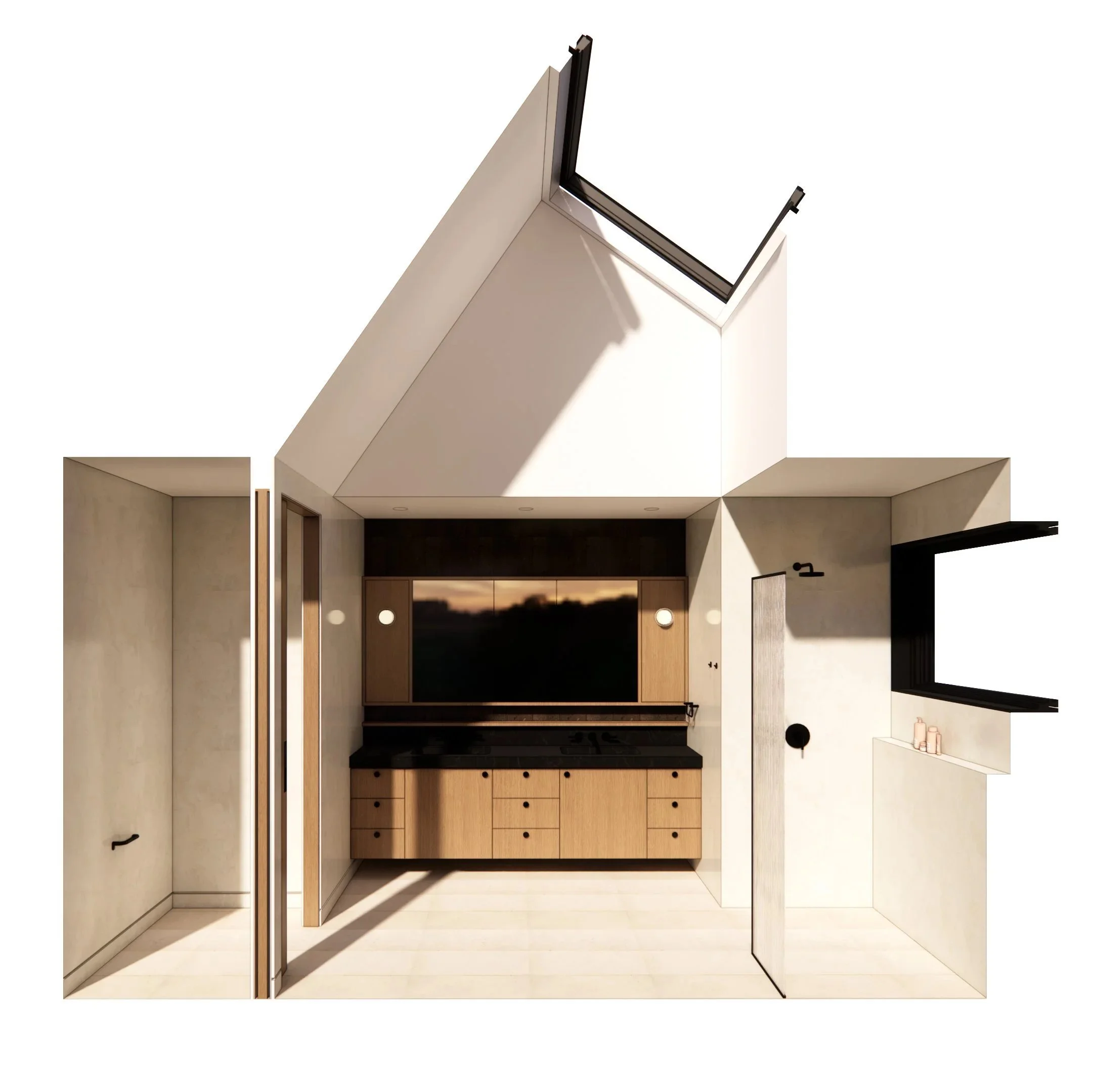 Modern interior design featuring a custom architectural staircase and warm, directional lighting.