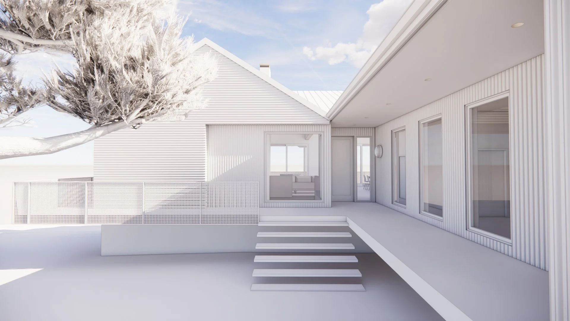 Modern white house exterior with large windows, a small staircase, a deck, and a snow-covered tree, under a partly cloudy sky.