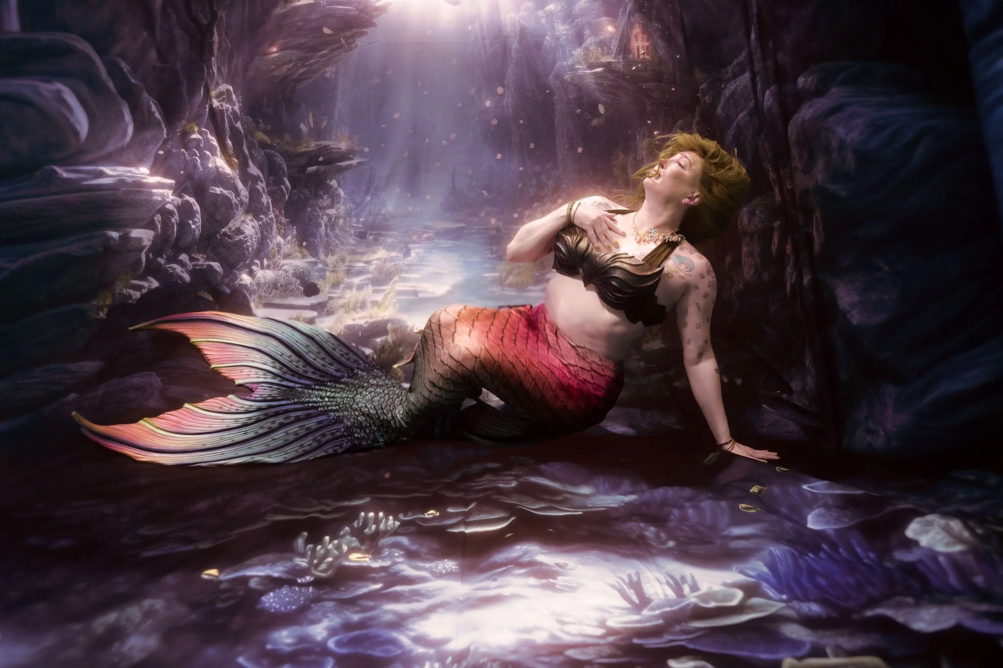 A woman with a mermaid tail, tattoos, and jewelry sitting in an underwater cave with light shining from above.