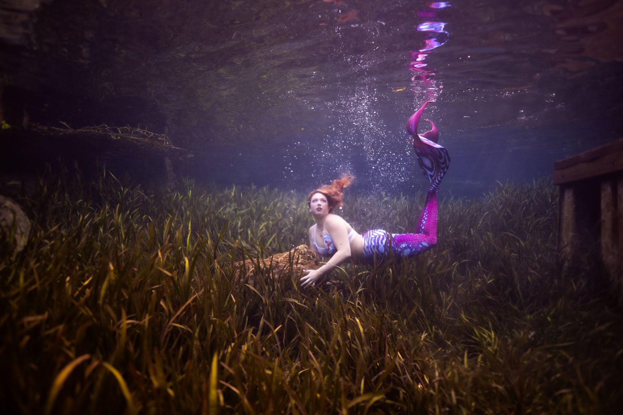 An underwater scene of a woman dressed as a mermaid with a purple tail, lying on the ocean floor amid sea grass, with her head turned and hair floating around her.
