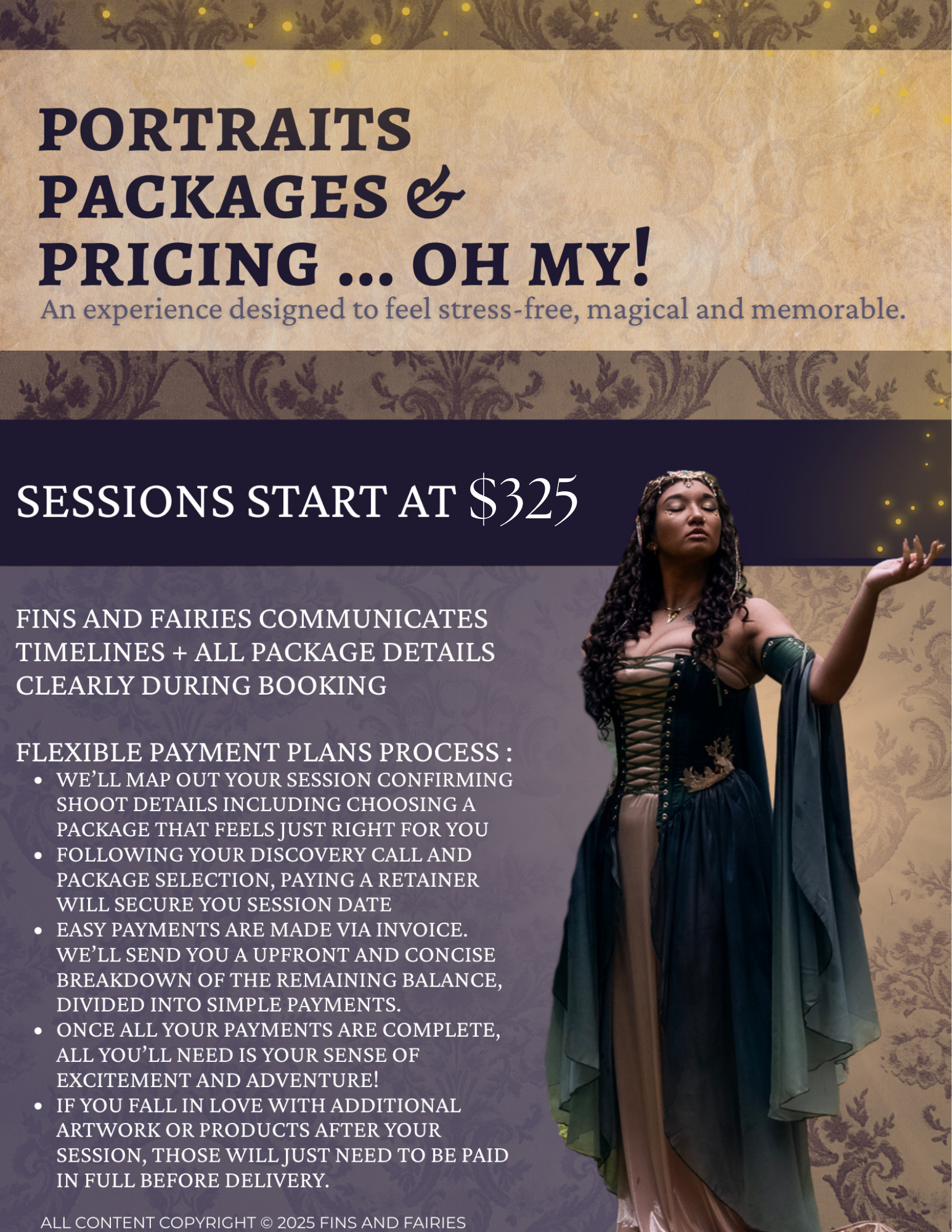 A promotional flyer for portraits, packages, and pricing services featuring a woman in medieval or fantasy-style costume, with dark braided hair, wearing a dark dress with green and gold accents, standing against a patterned background with ornate de