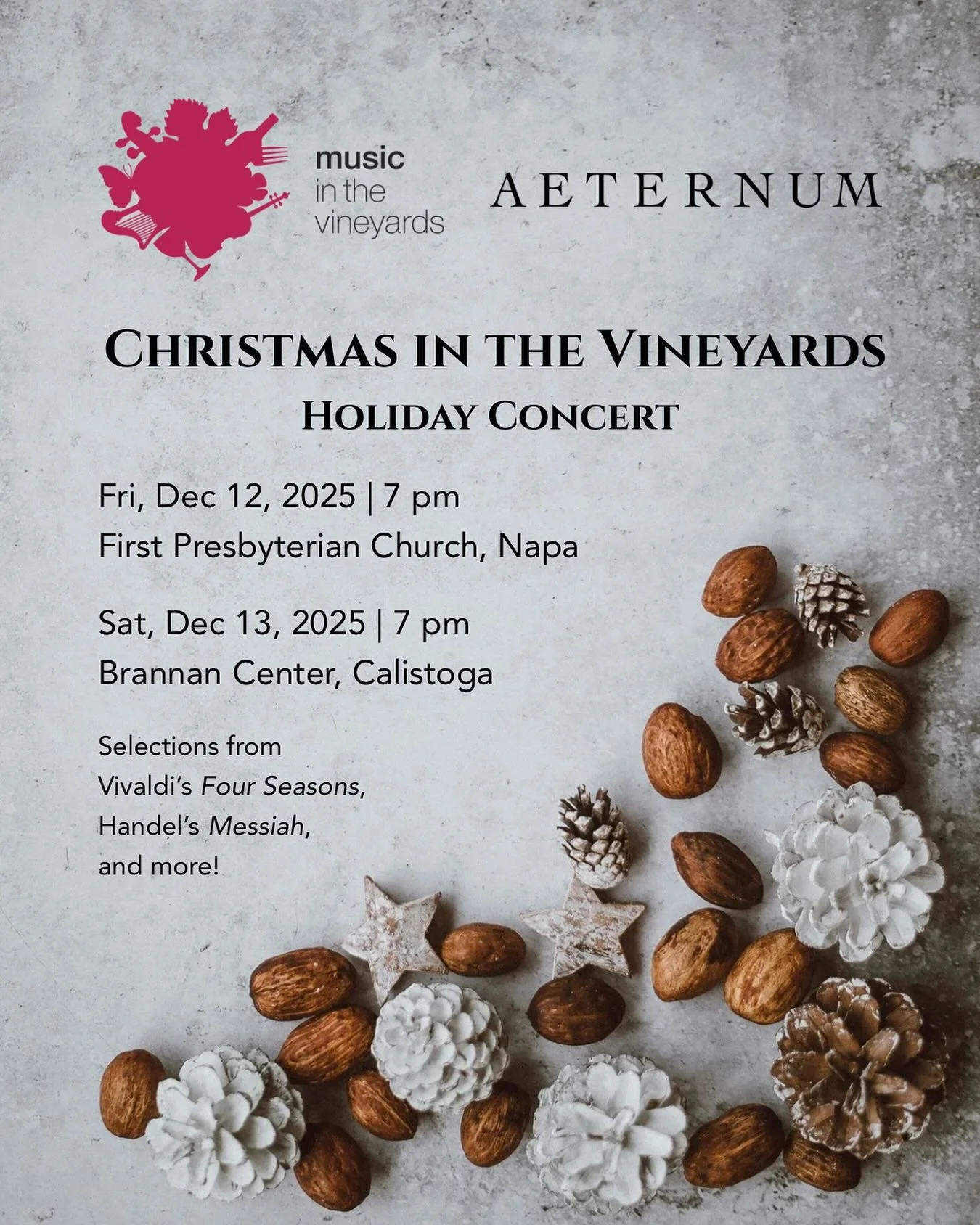 We are thrilled to announce Christmas in the Vineyards&mdash;two unforgettable evenings of live music with us and @musicinthevineyards 

Enjoy stunning selections from Vivaldi&rsquo;s Four Seasons, Handel&rsquo;s Messiah, and beautiful works by Arvo 