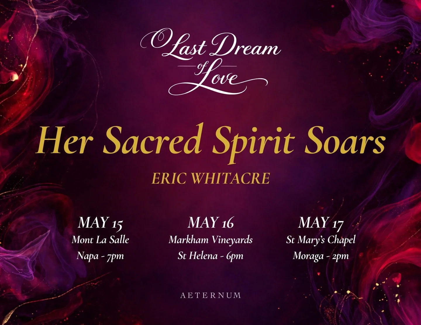 We&rsquo;re excited to announce that Aeternum will be performing and recording Eric Whitacre&rsquo;s &ldquo;Her Sacred Spirit Soars.&rdquo;

Written for double choir, the piece draws on a text by Charles Anthony Silvestri shaped around a Shakespearea
