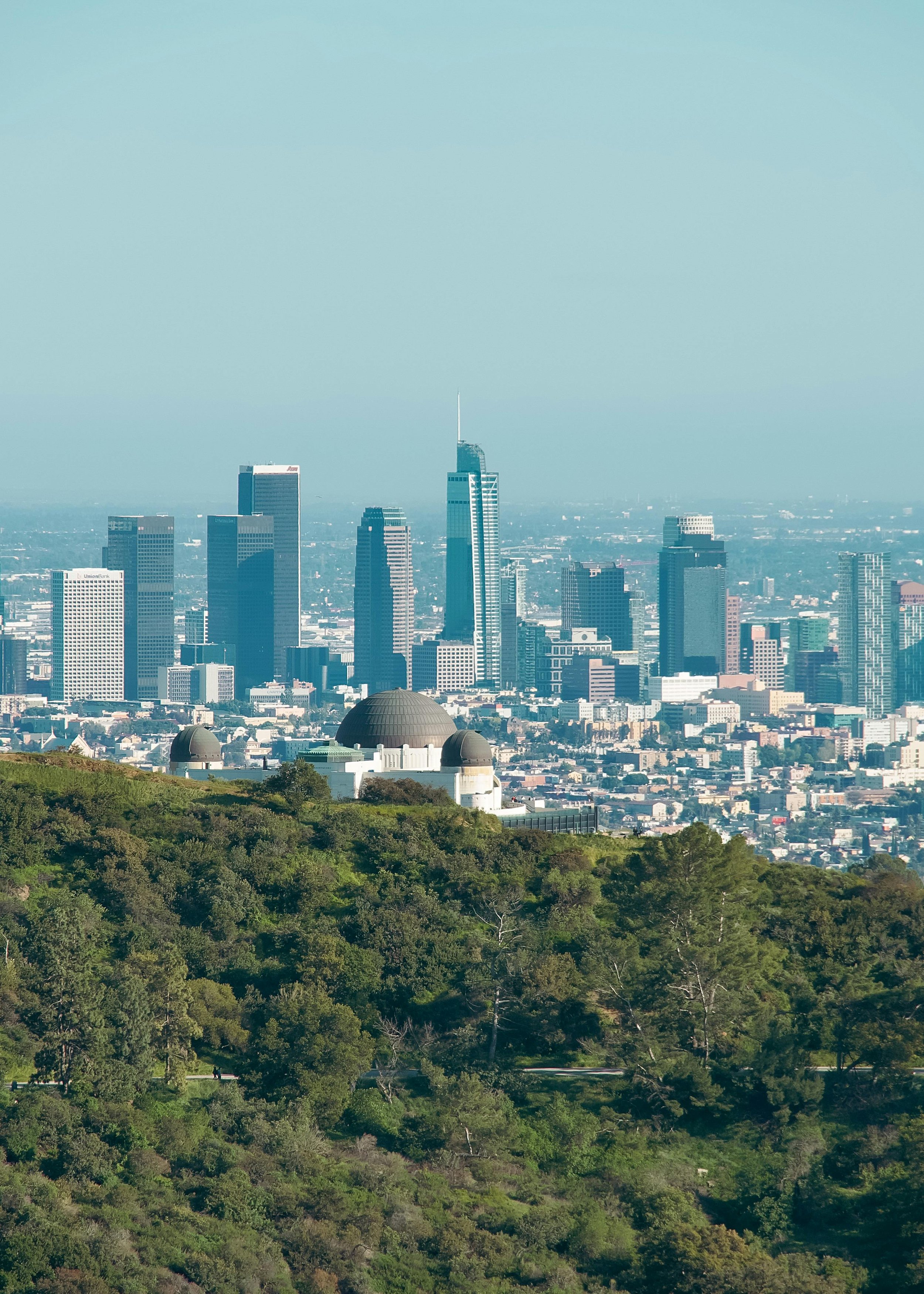 View of Los Angeles skyline with skyscrapers including U.S. Bank Tower, surrounded by greenery and hills in the foreground.