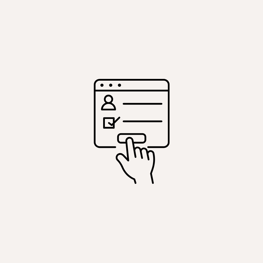 Line drawing of a hand clicking a checkbox on a computer screen with a profile icon and lines of text.