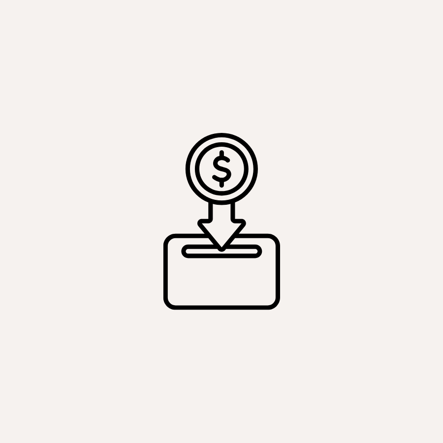 An icon of a dollar coin with an arrow pointing into a rectangular box, symbolizing money deposit or payment.
