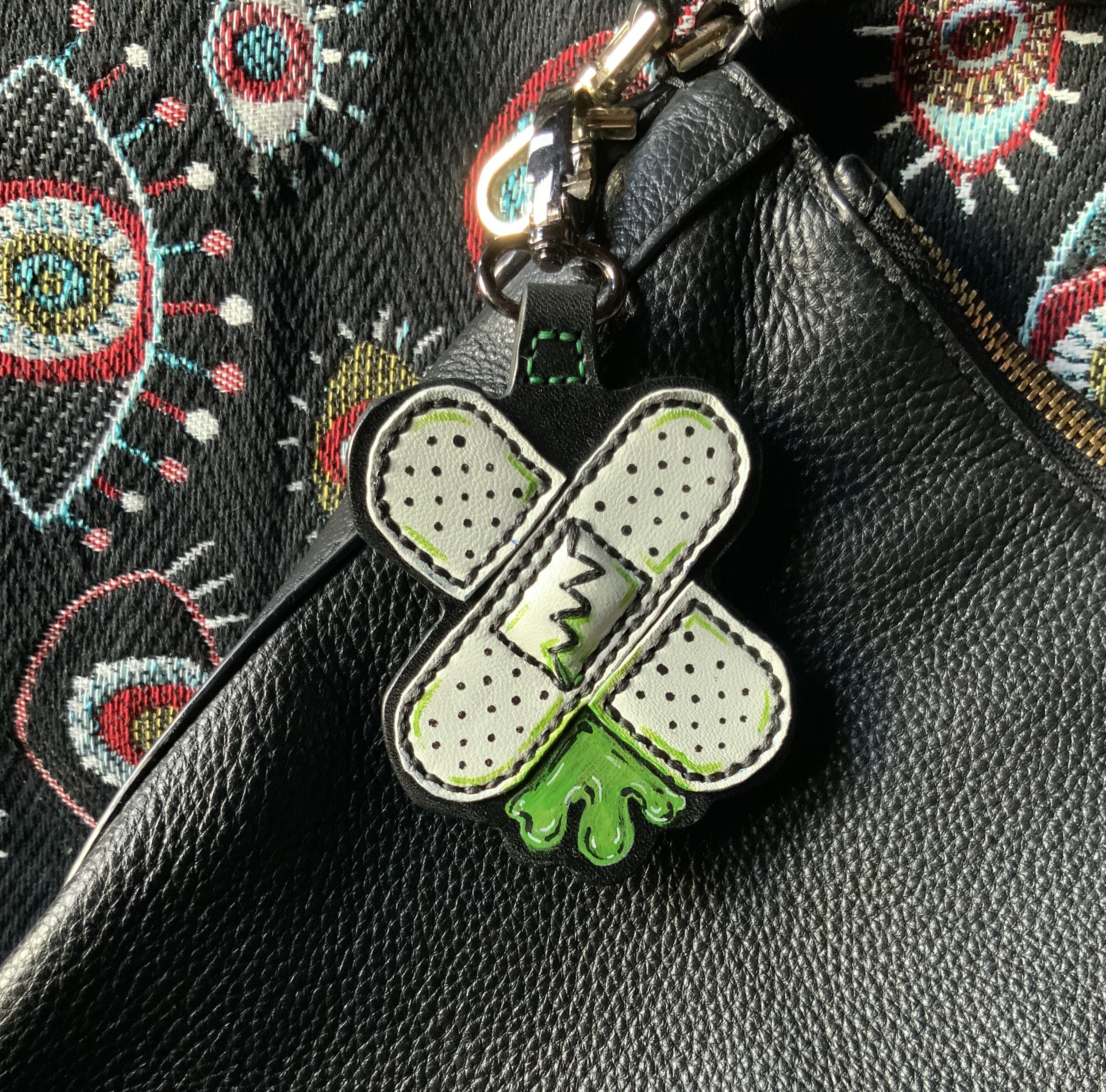 Green & White Bandaid Bag Charm - Half Leather Design