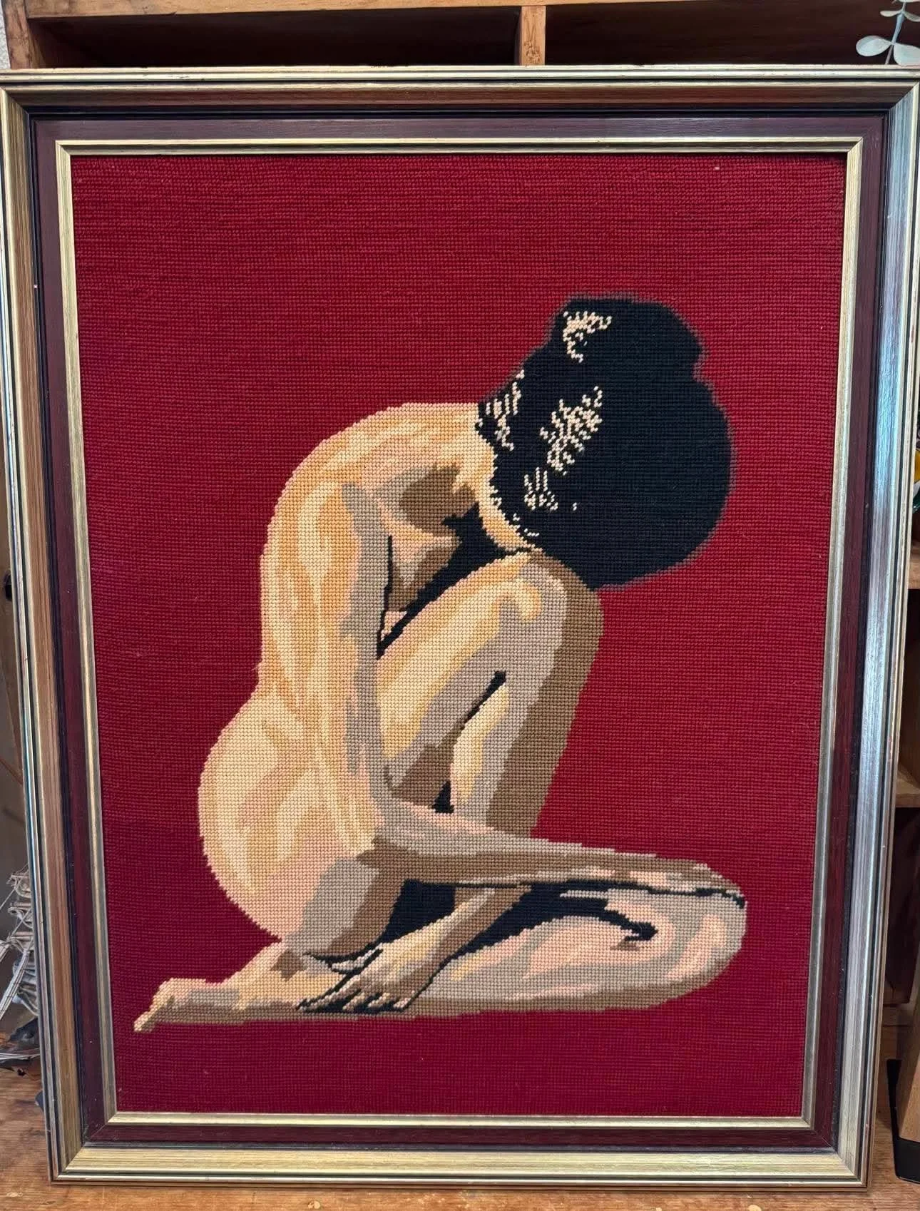 Vintage Framed Handmade Lady Tapestry. 74 x 58cm