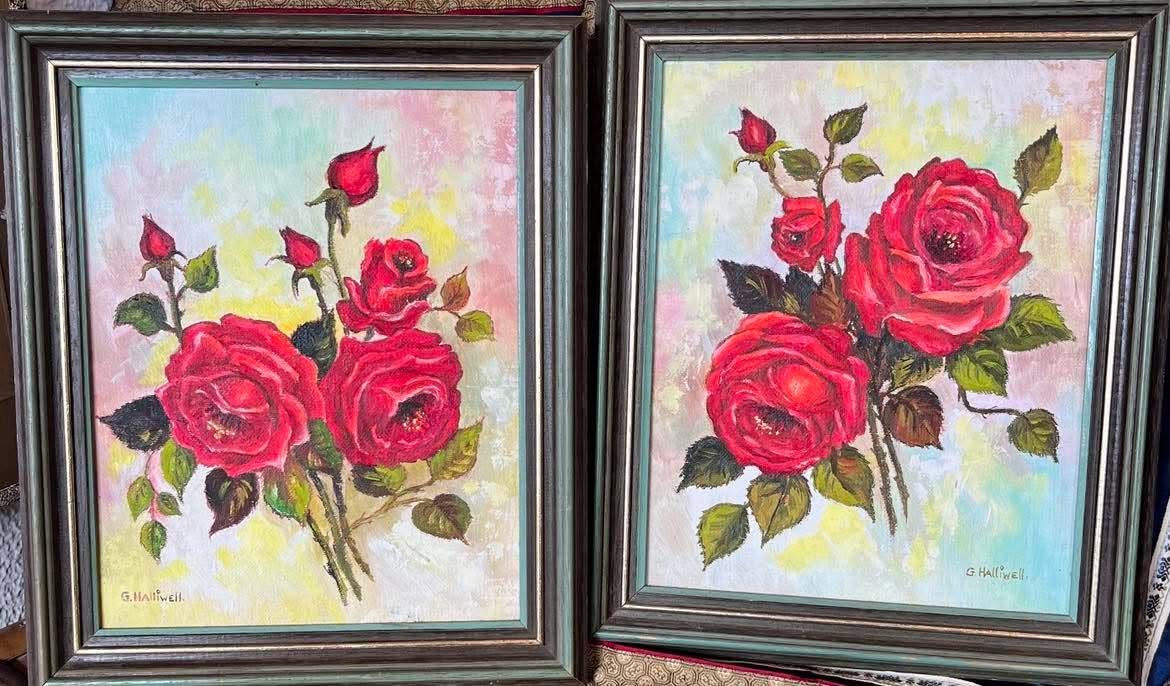 Pair Of Artist Signed Original Rose Paintings On Canvas.