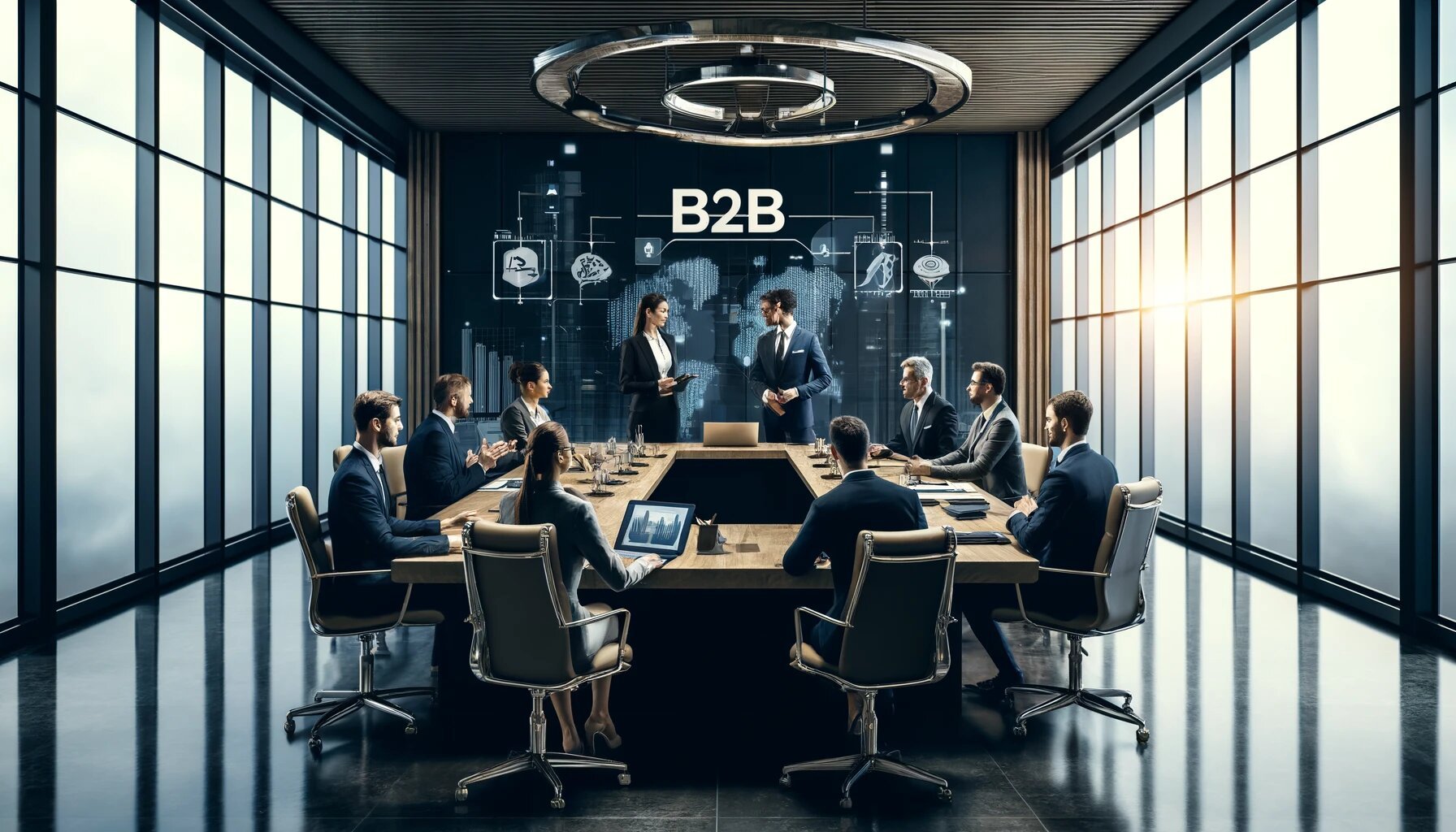 Business professionals in a modern conference room during a meeting, with a large screen displaying 'B2B' and digital graphics in the background.