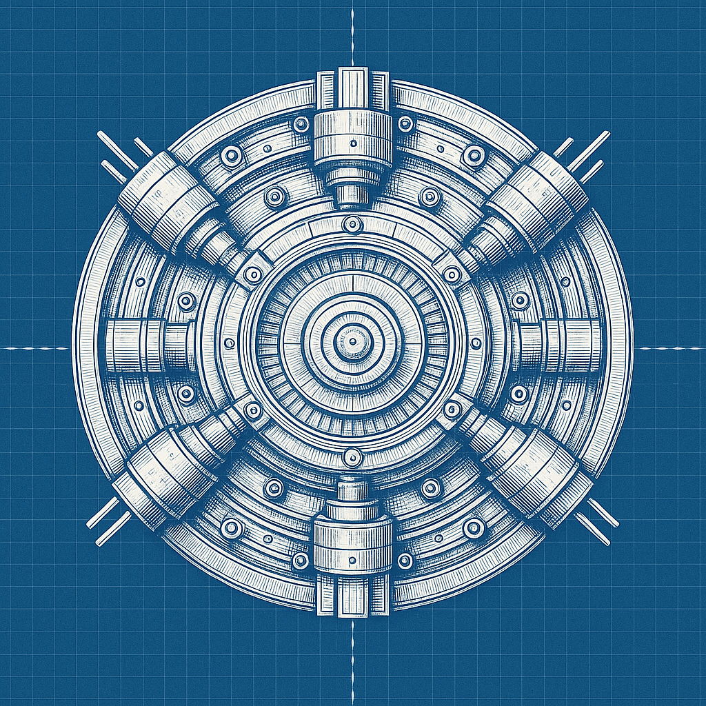 Blueprint drawing of a circular spaceship or space station with multiple modules and protrusions on a grid background.