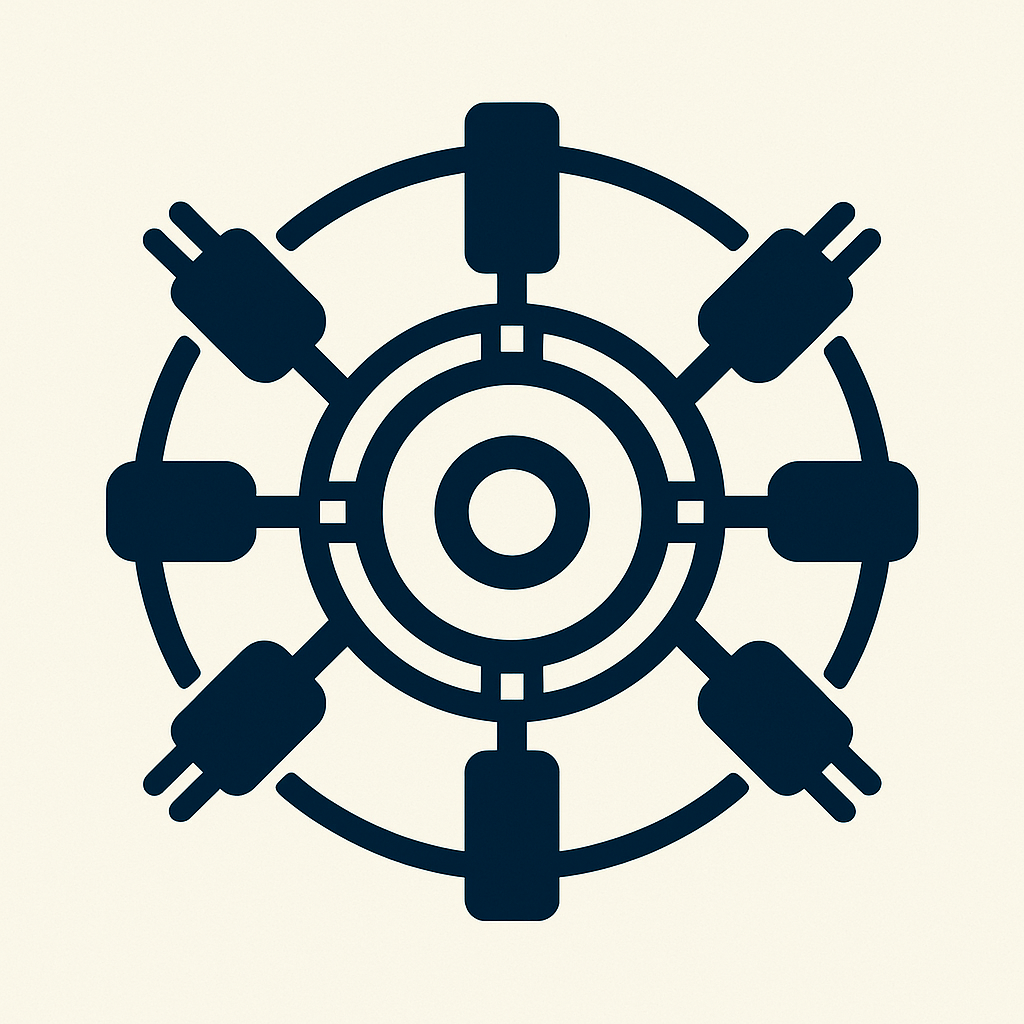 Icon of multiple electrical plugs connected in a circular pattern.