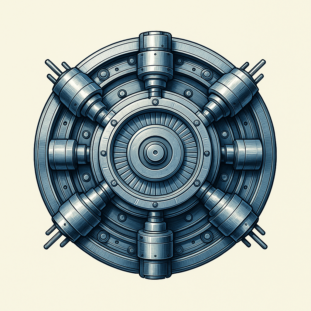 A digital illustration of a sci-fi vault door with multiple locking mechanisms and a circular design.