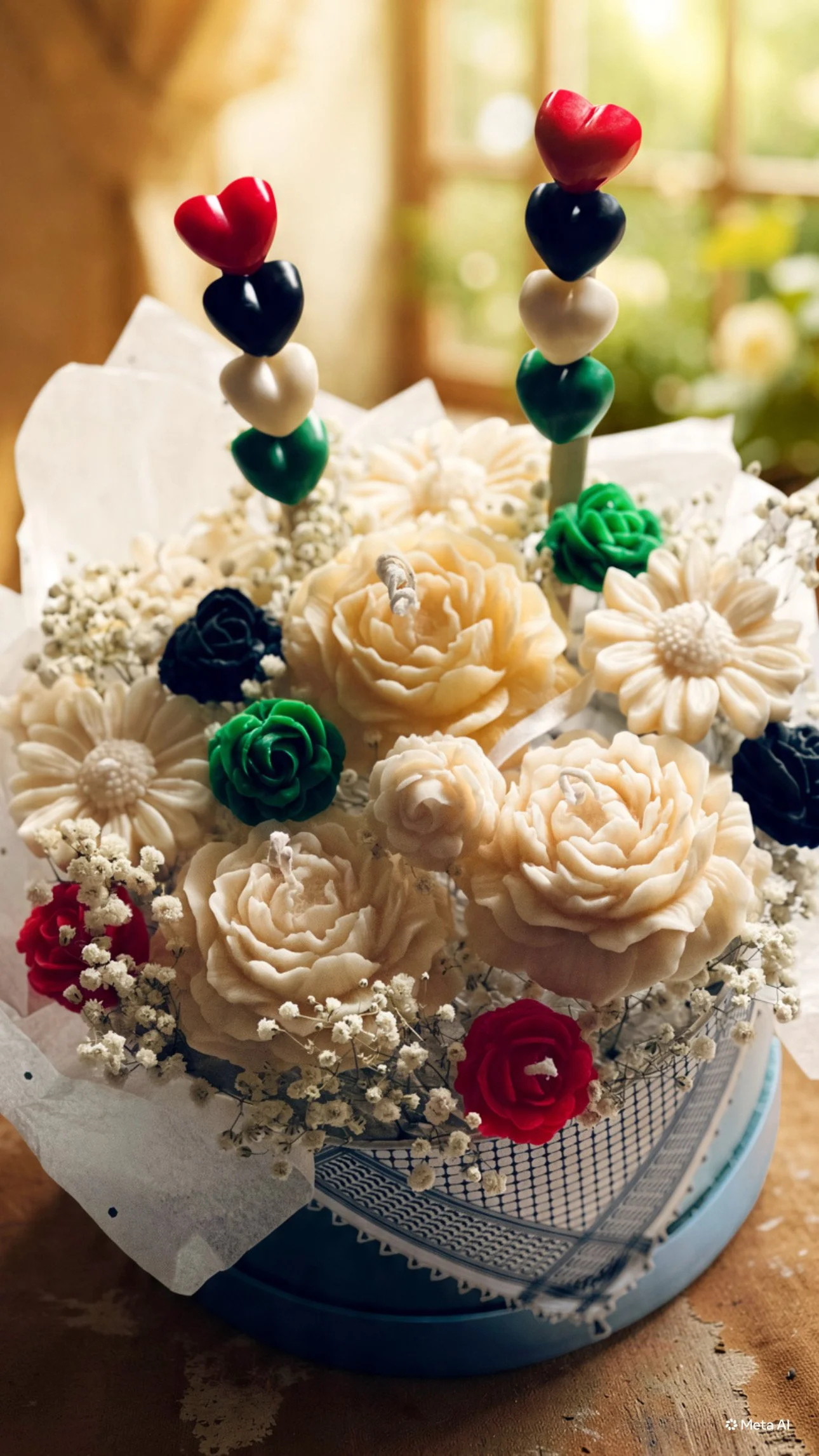 Soy wax Candle Bouquet, carefully crafted with Palestine colors, to honor the flag of Palestine